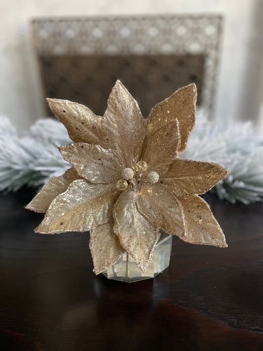 23” Champagne beaded glittered poinsettia stem.