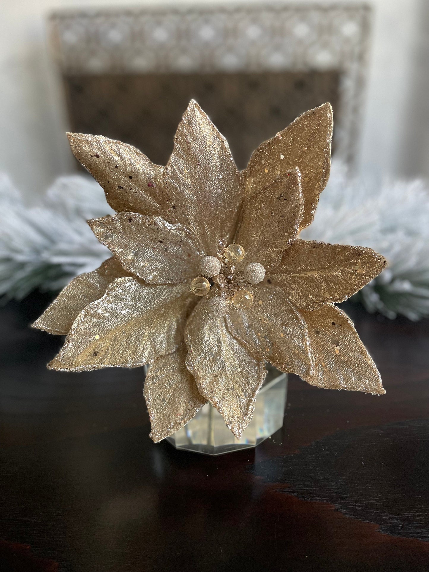 23” Champagne beaded glittered poinsettia stem.
