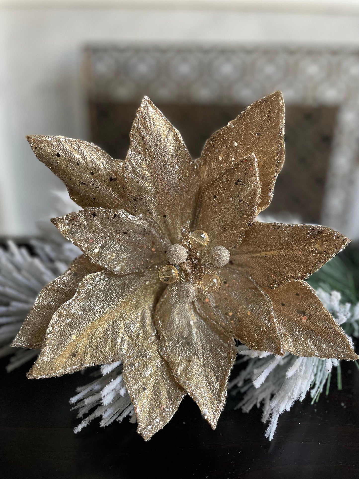 23” Champagne beaded glittered poinsettia stem.