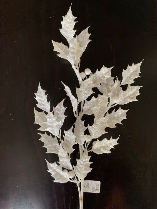 29” White glittered holly spray.