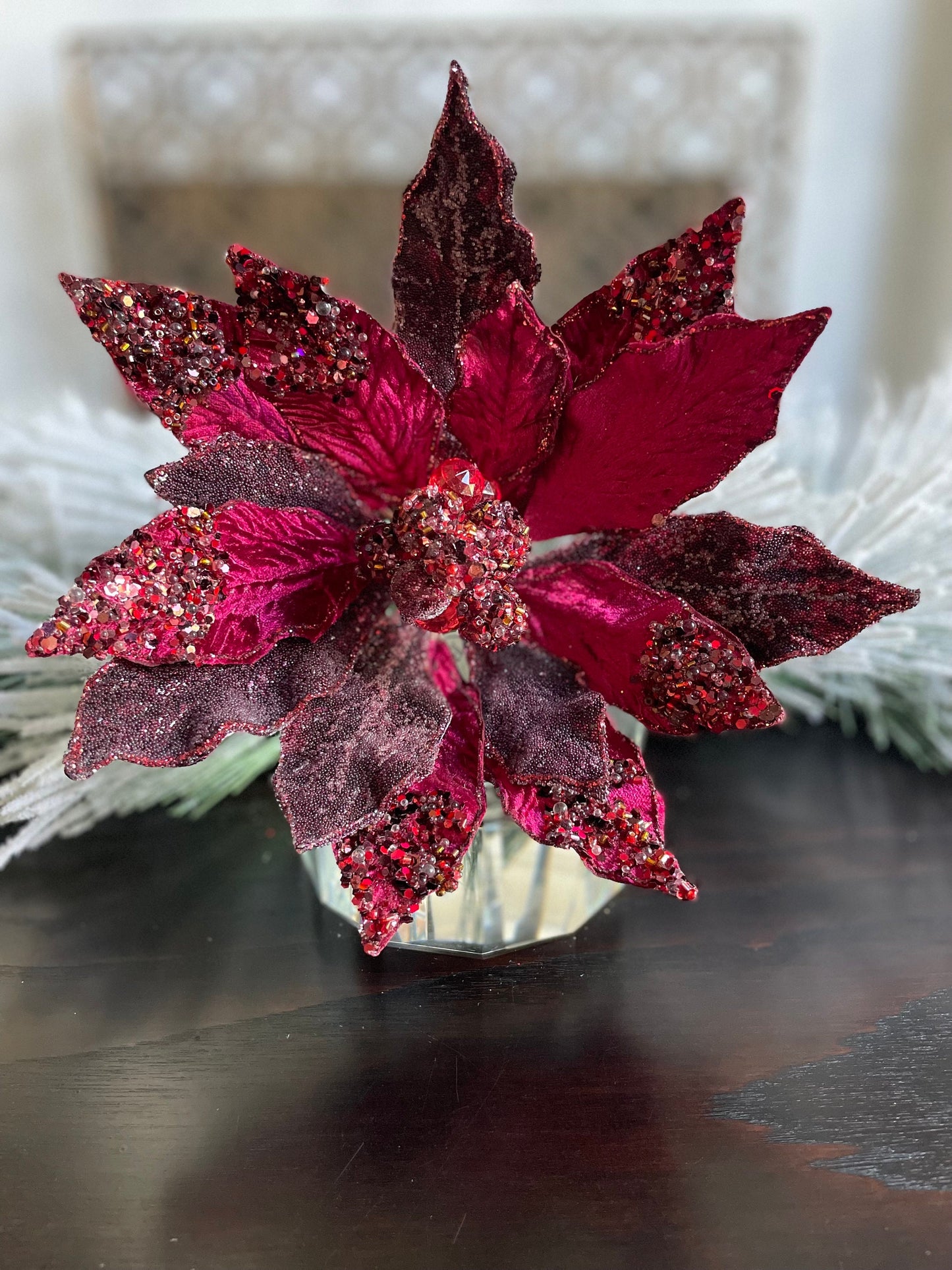 18" Heavy jeweled poinsettia stem. Burgundy.