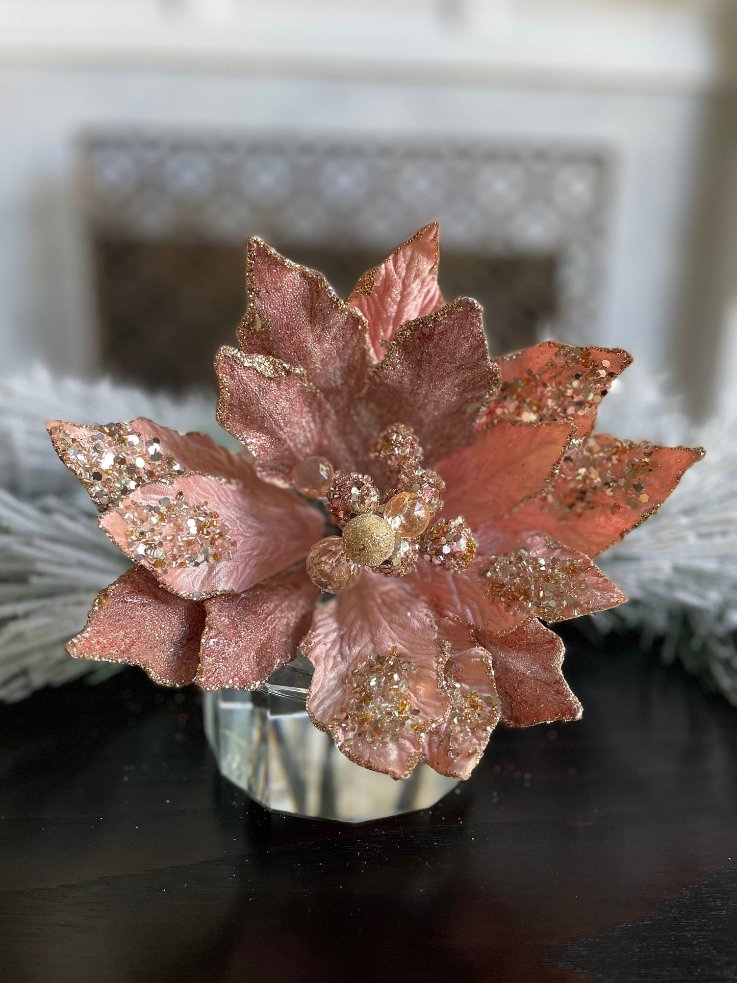 18" Heavy jeweled poinsettia stem. Rose gold