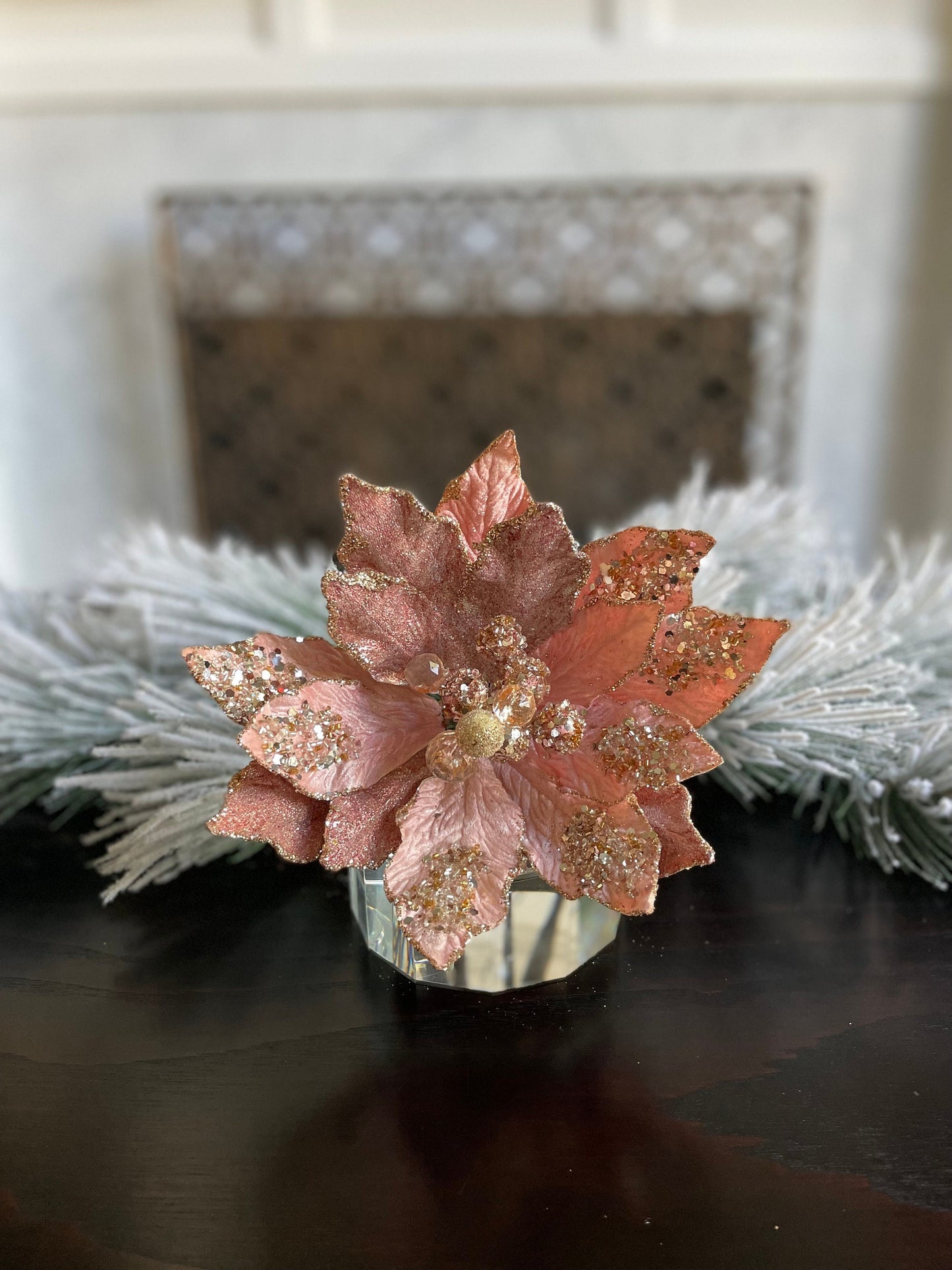 18" Heavy jeweled poinsettia stem. Rose gold