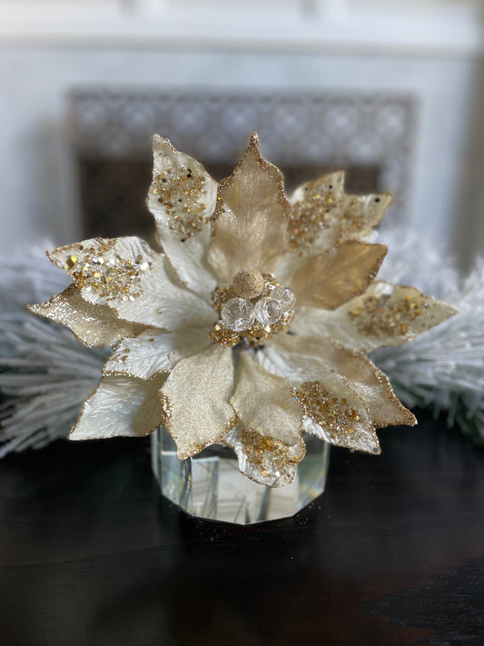 18" Heavy jeweled poinsettia stem. Ivory gold.
