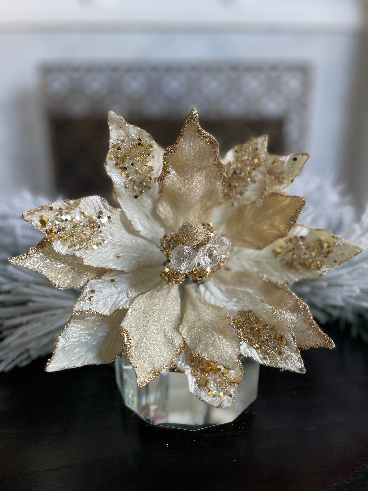 18" Heavy jeweled poinsettia stem. Ivory gold.