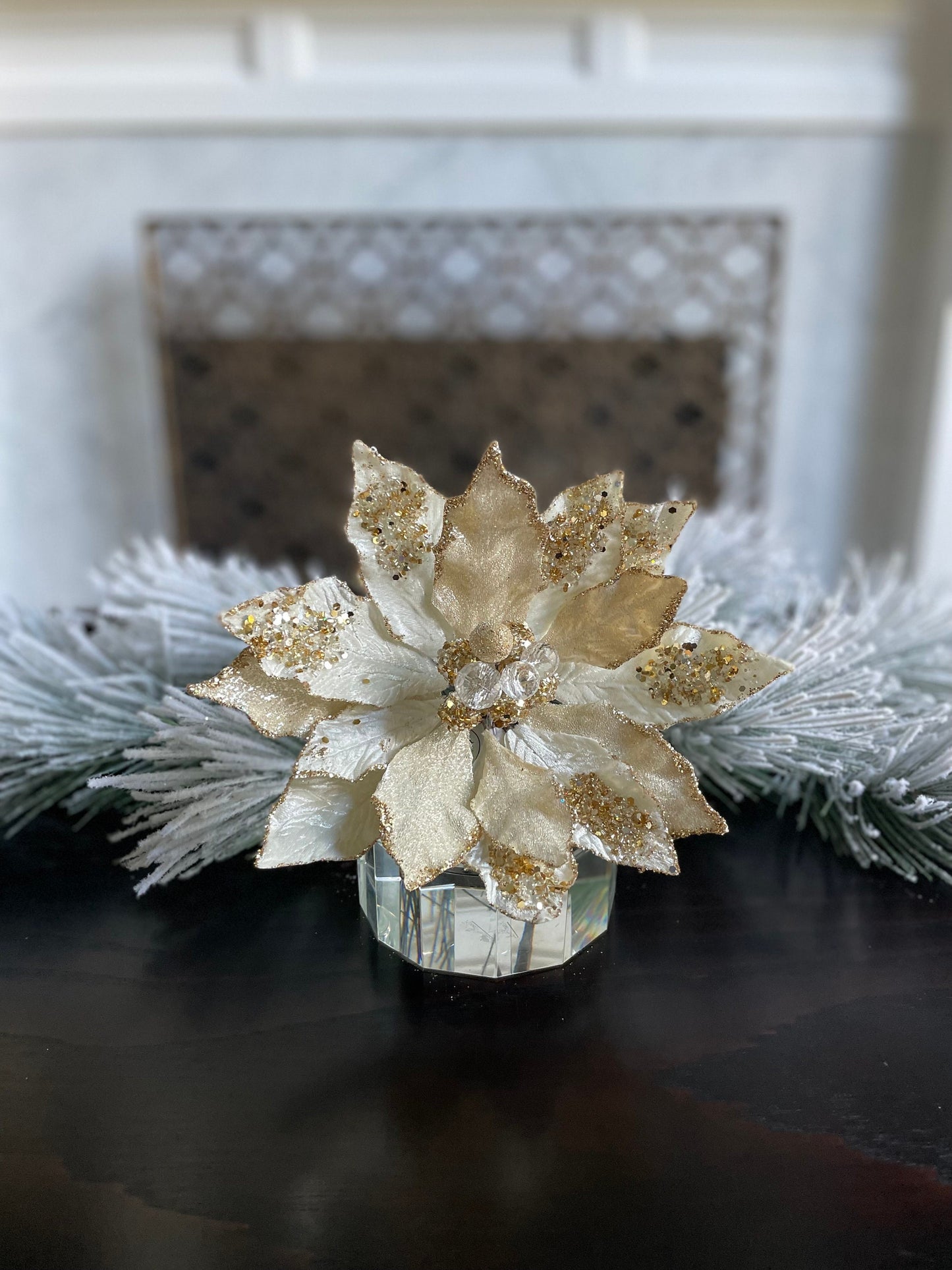 18" Heavy jeweled poinsettia stem. Ivory gold.