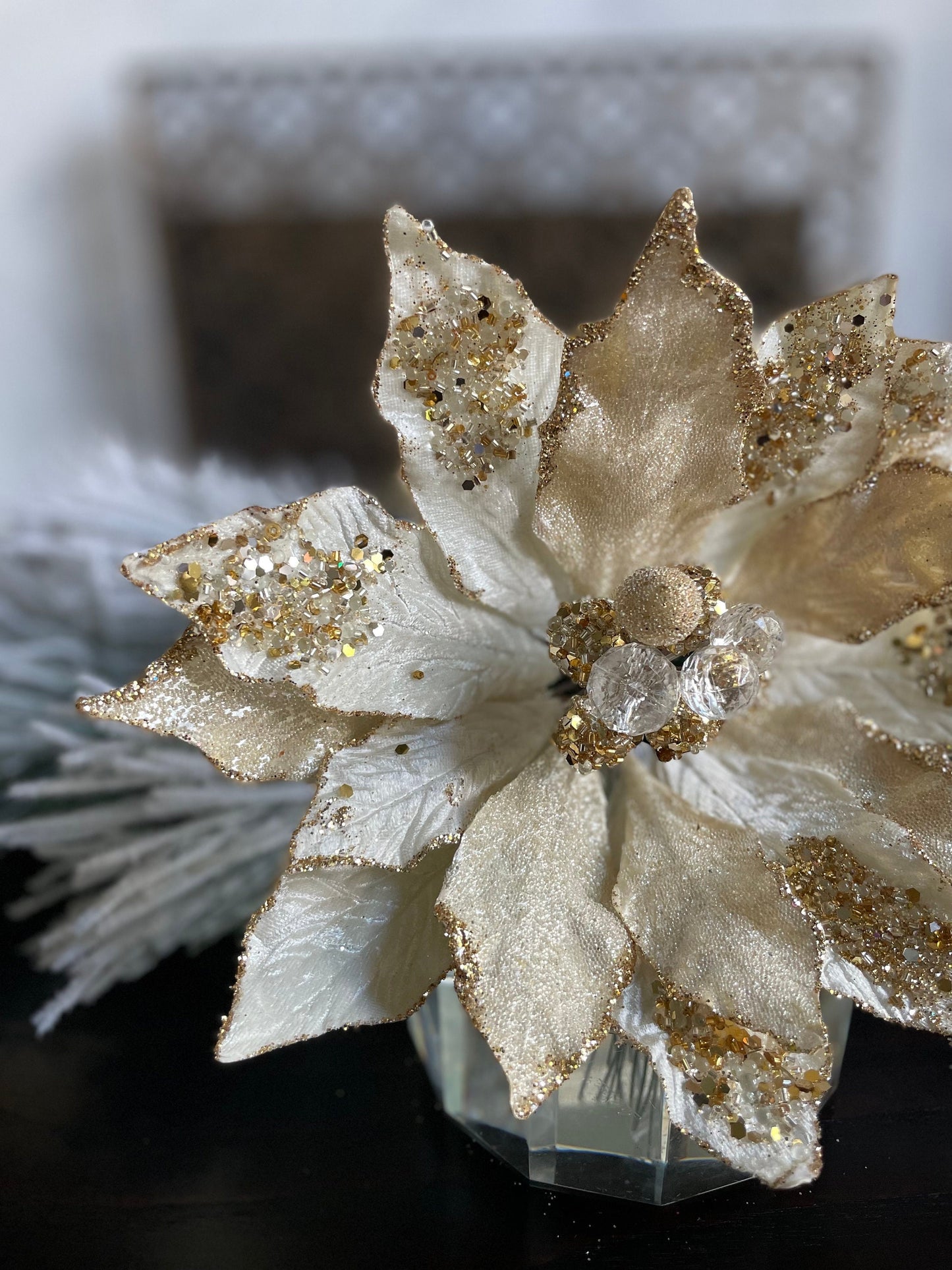 18" Heavy jeweled poinsettia stem. Ivory gold.