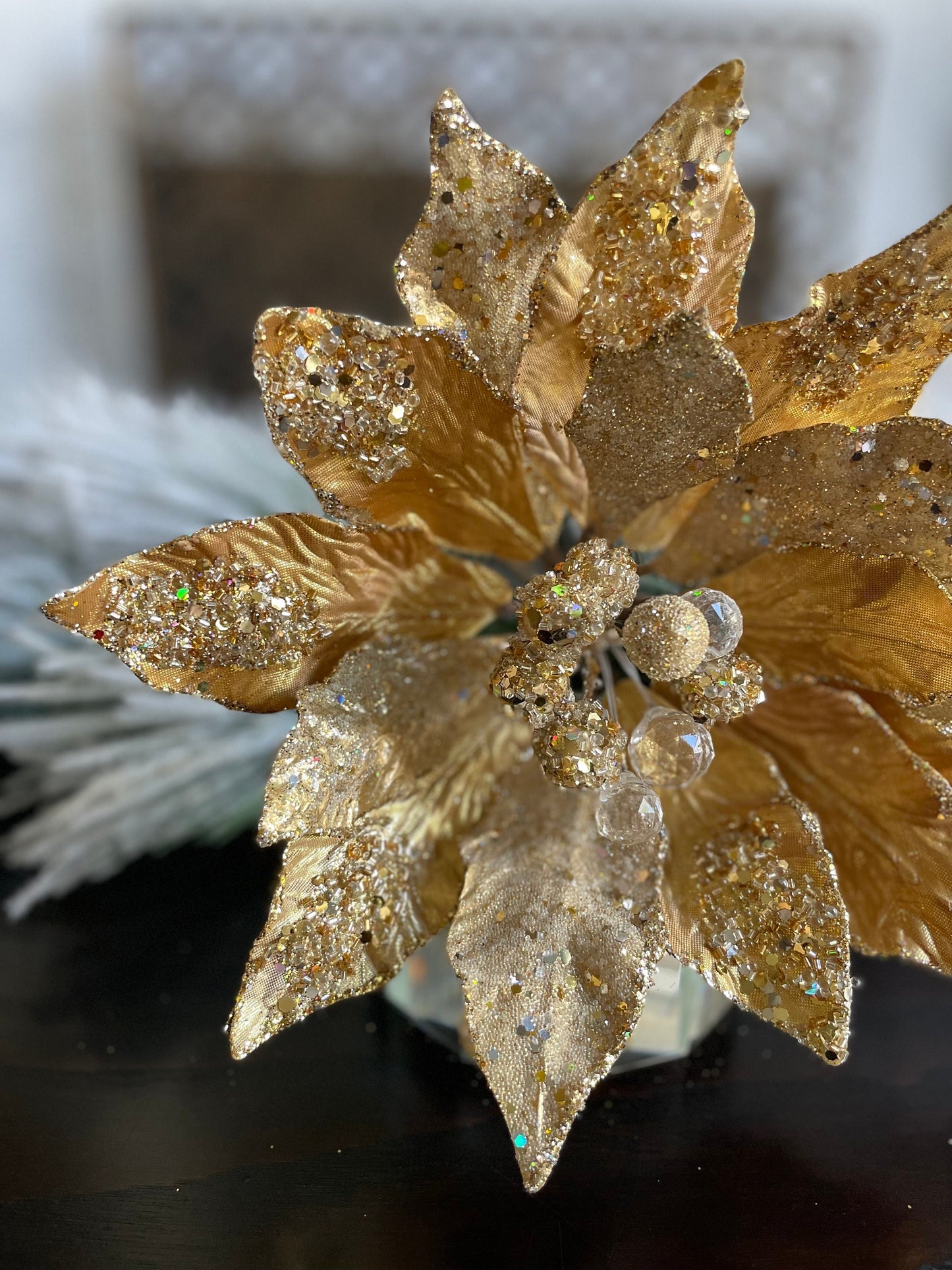 18" Heavy jeweled poinsettia stem. Gold.
