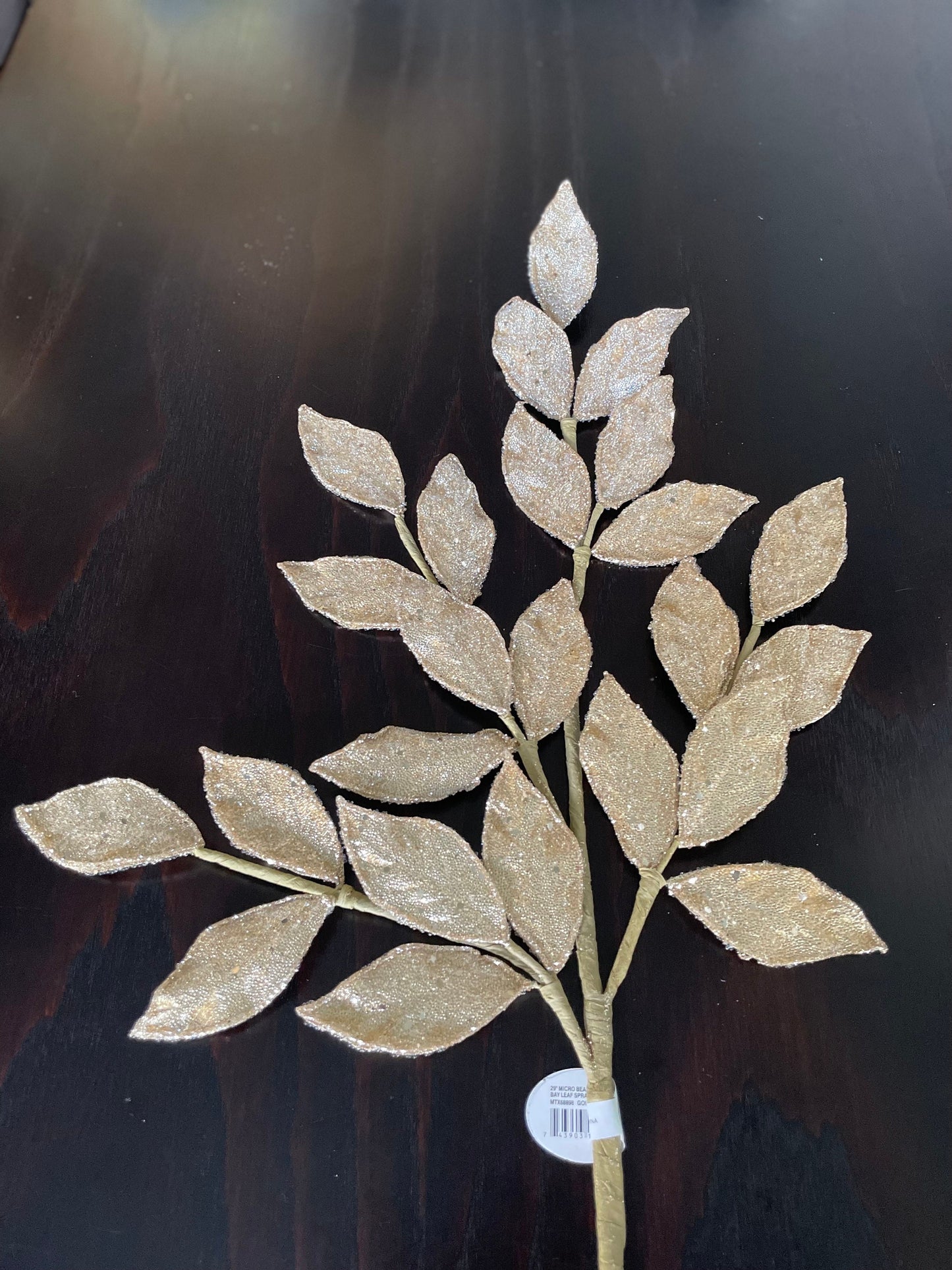 Set of 2. 29” Bay leaf spray, micro beaded sequins. Gold.