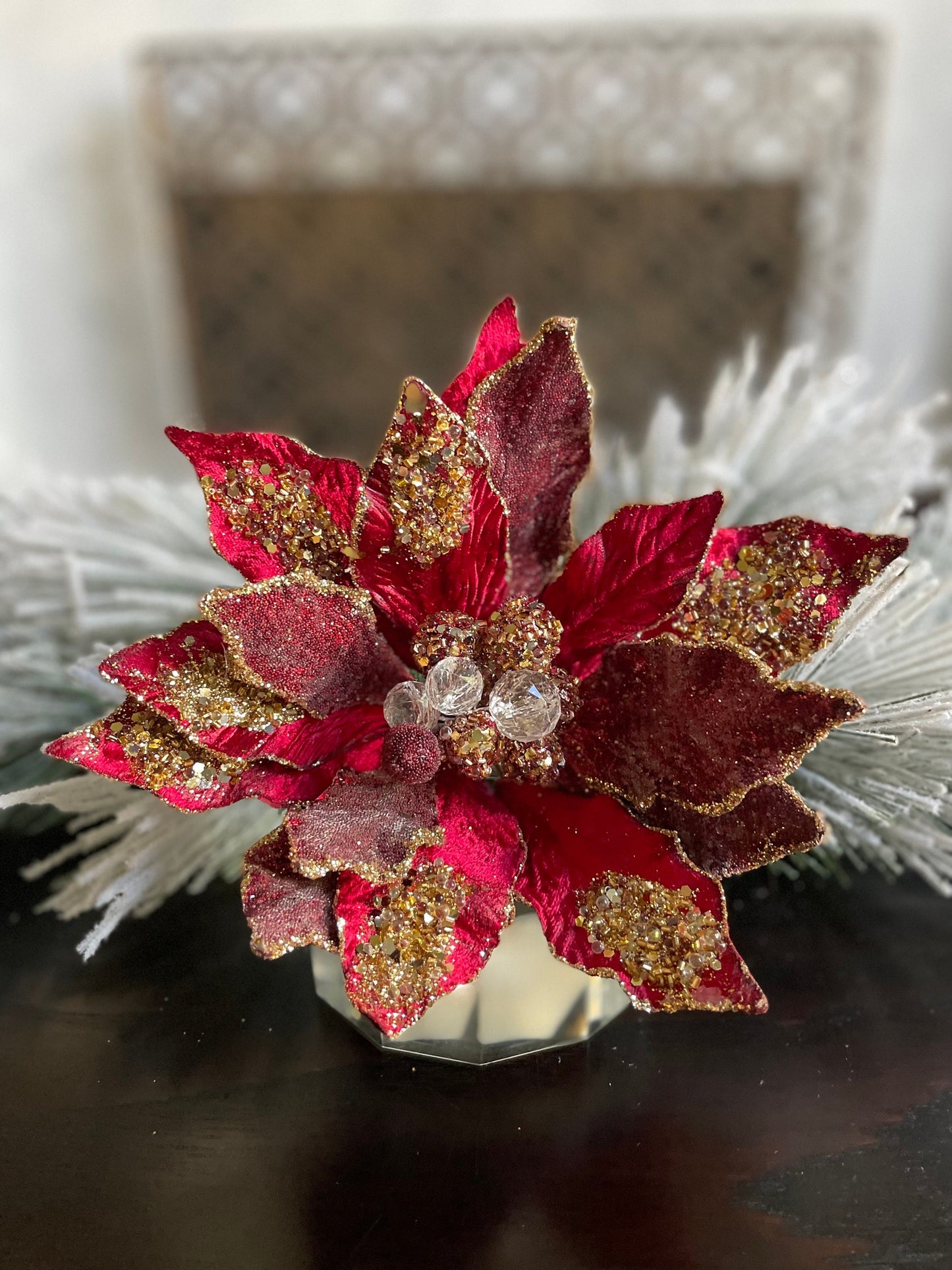 24" Glitter edged jewel poinsettia stem. Claret.