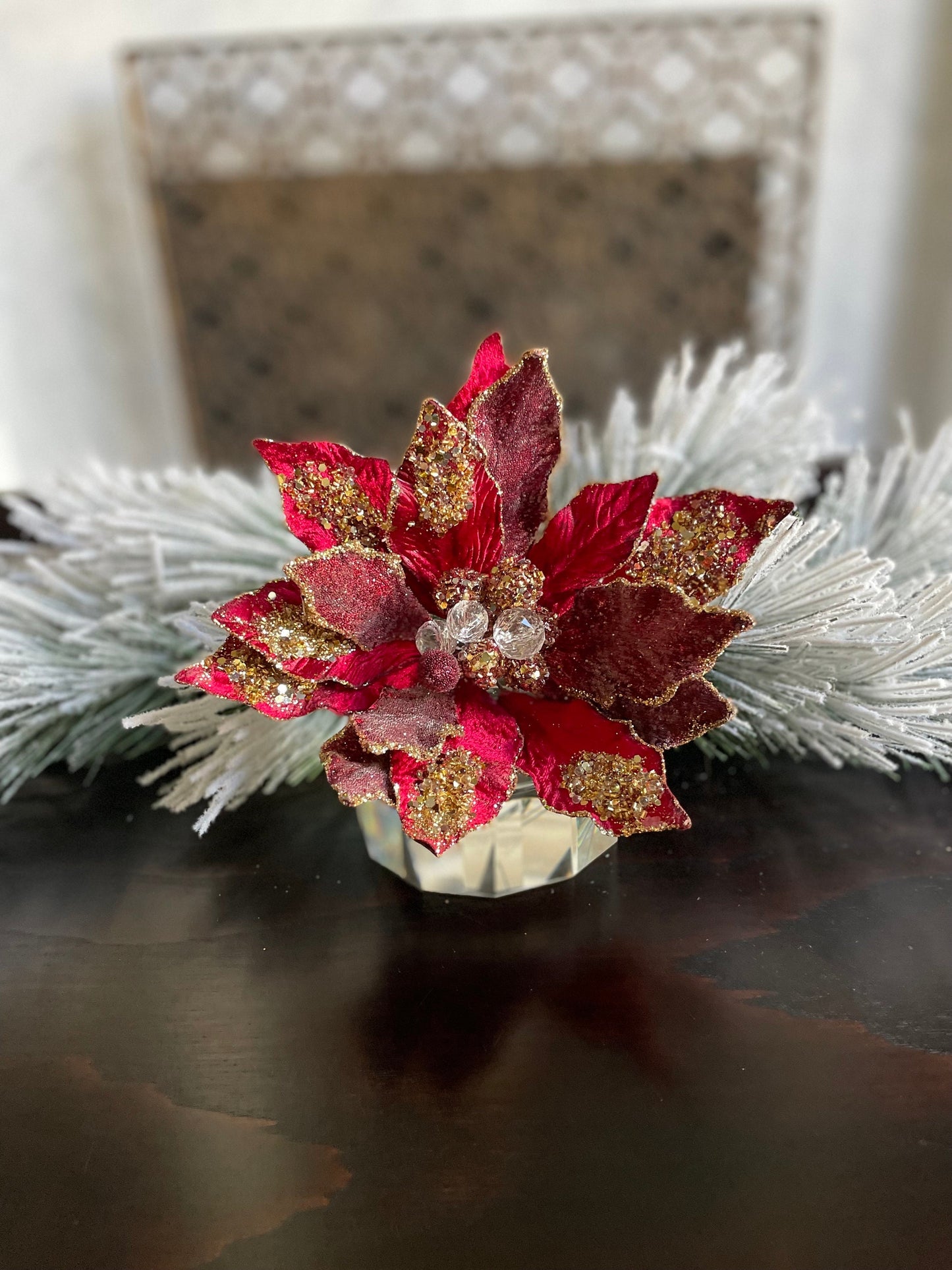 24" Glitter edged jewel poinsettia stem. Claret.