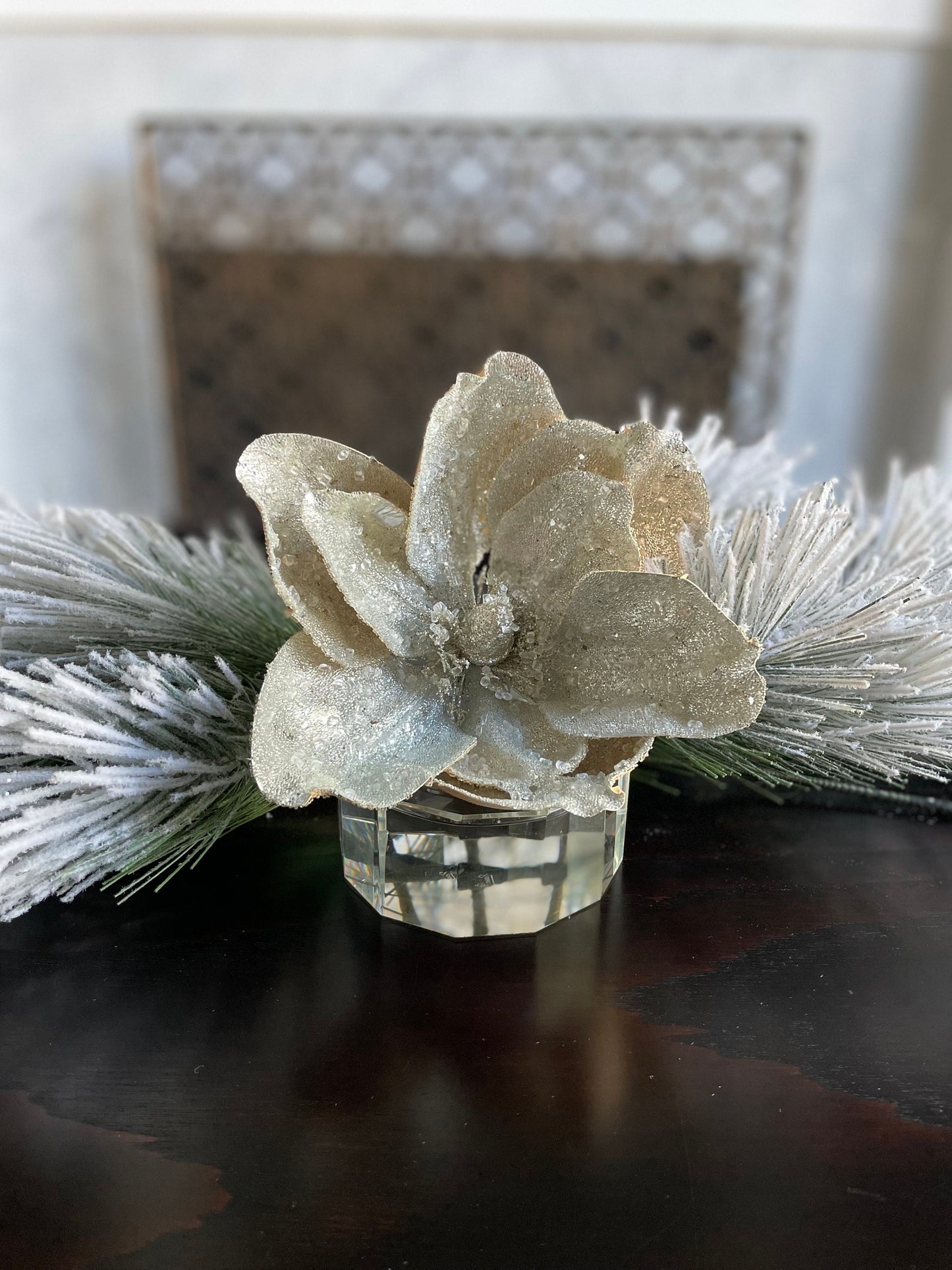 Set of 2. 22" Beaded metallic silver magnolia stem.