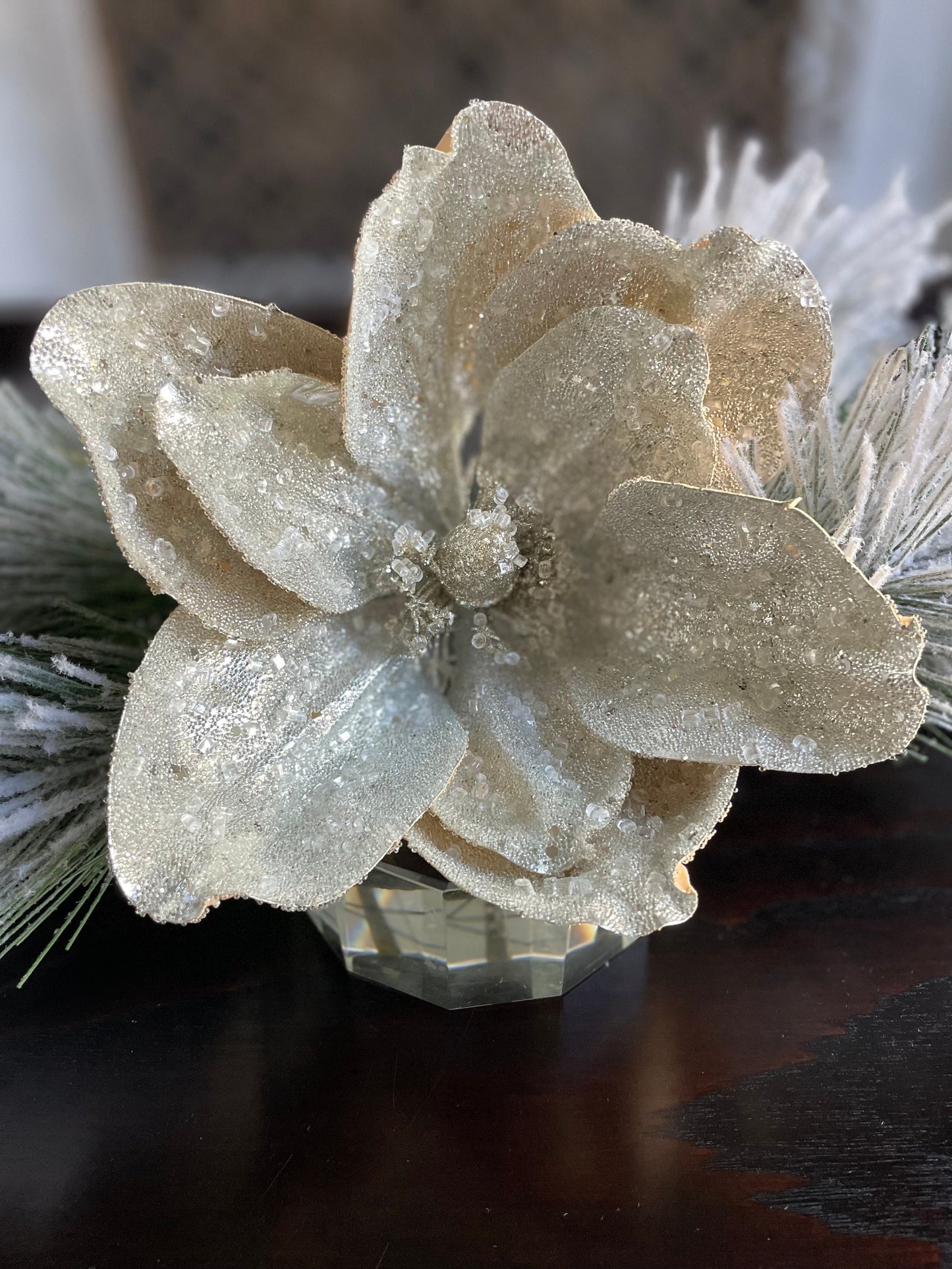 Set of 2. 22" Beaded metallic silver magnolia stem.