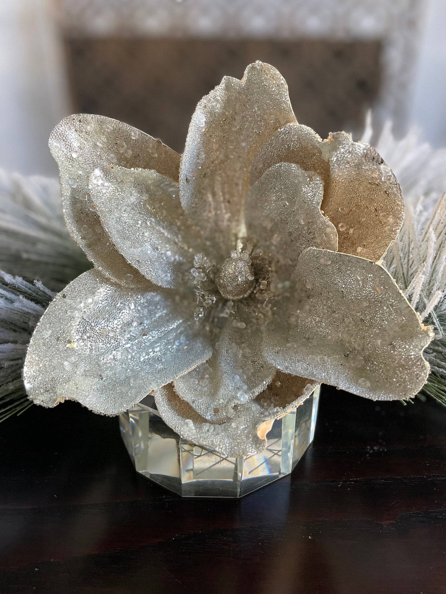 Set of 2. 22" Beaded metallic silver magnolia stem.