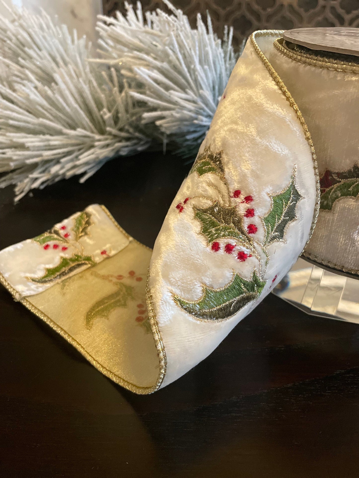 4” x 5 yds Ribbon Holly embroidery ivory-gold. Wired. D. Stevens.