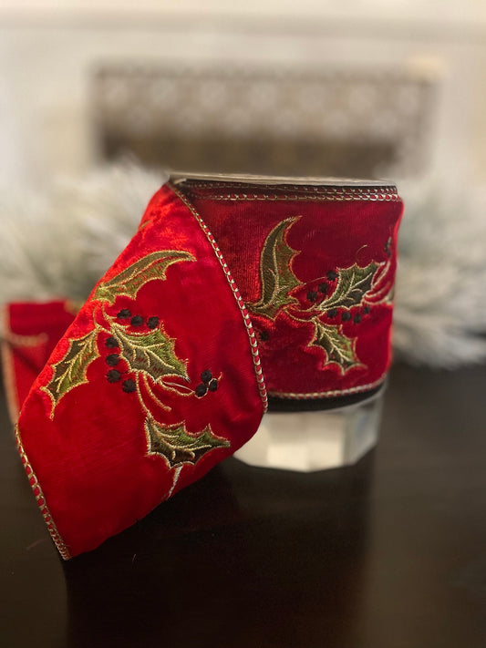 4” x 5 yds Ribbon Holly embroidery red-gold. Wired. D. Stevens.