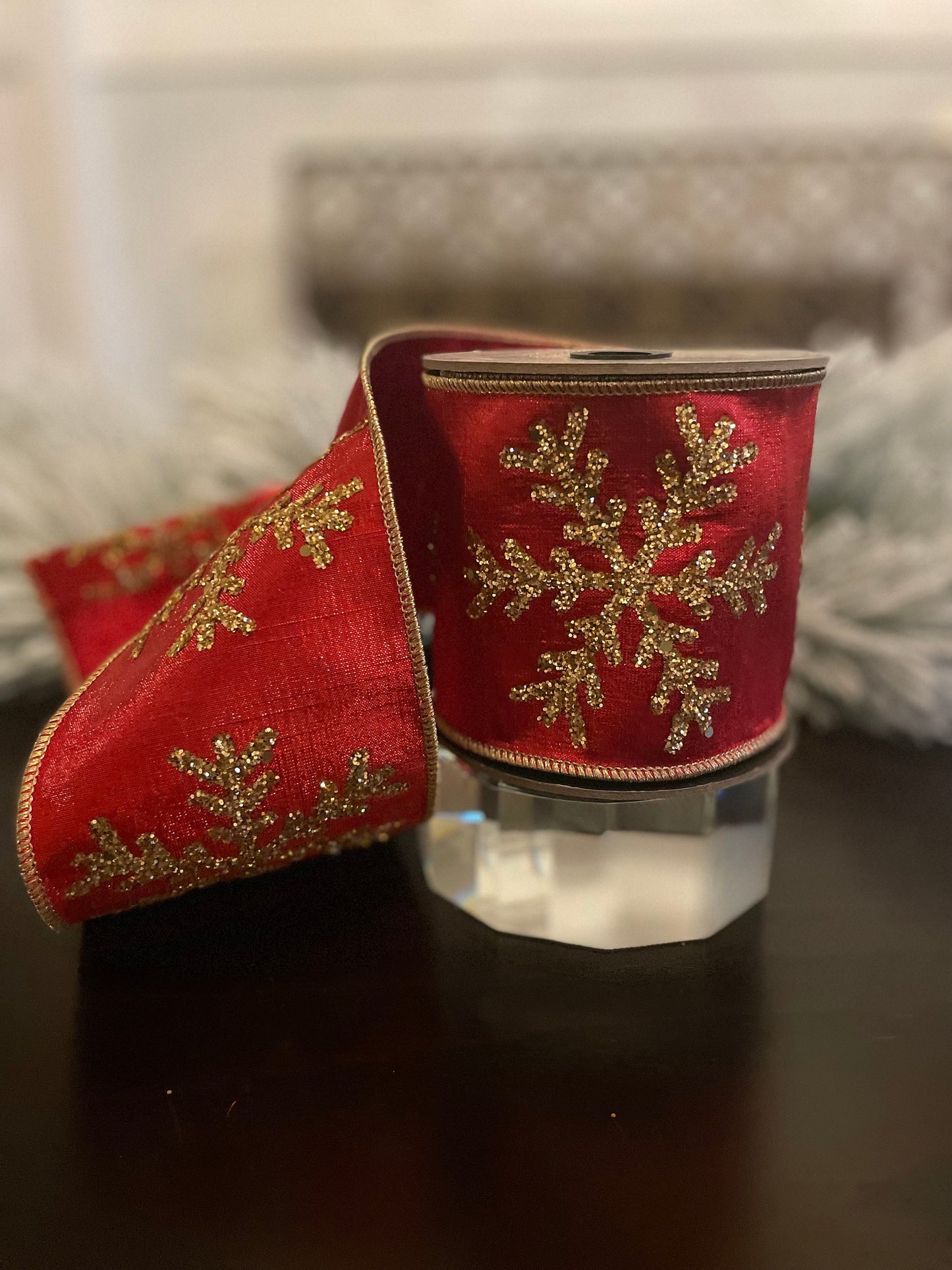 4” x 5 yds Ribbon metallic dupion gold glitter snowflake, red. Wired. D. Stevens.