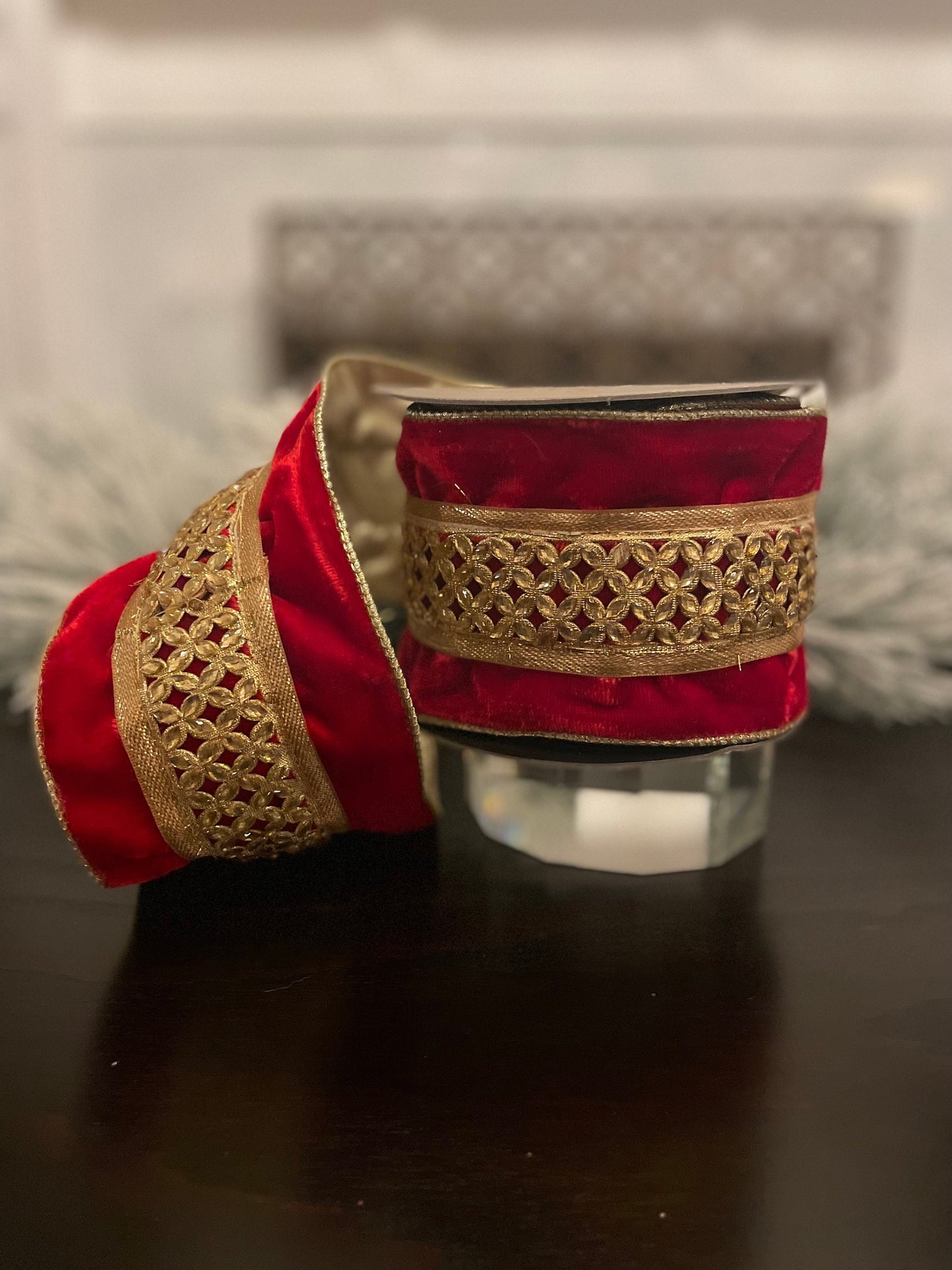 4” x 5 yds Ribbon velvet jeweled trellis metallic dupion back, gold-red. Wired. D. Stevens.