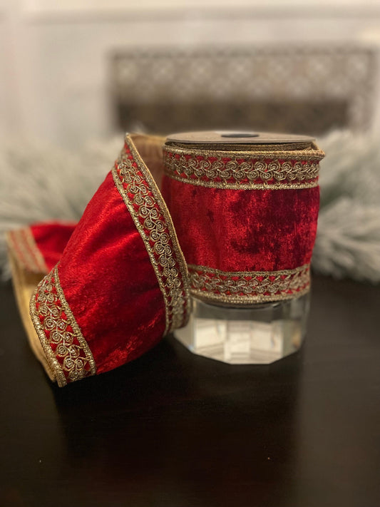 4” x 5 yds velvet embroidery gold side trim red. Wired. D. Stevens.
