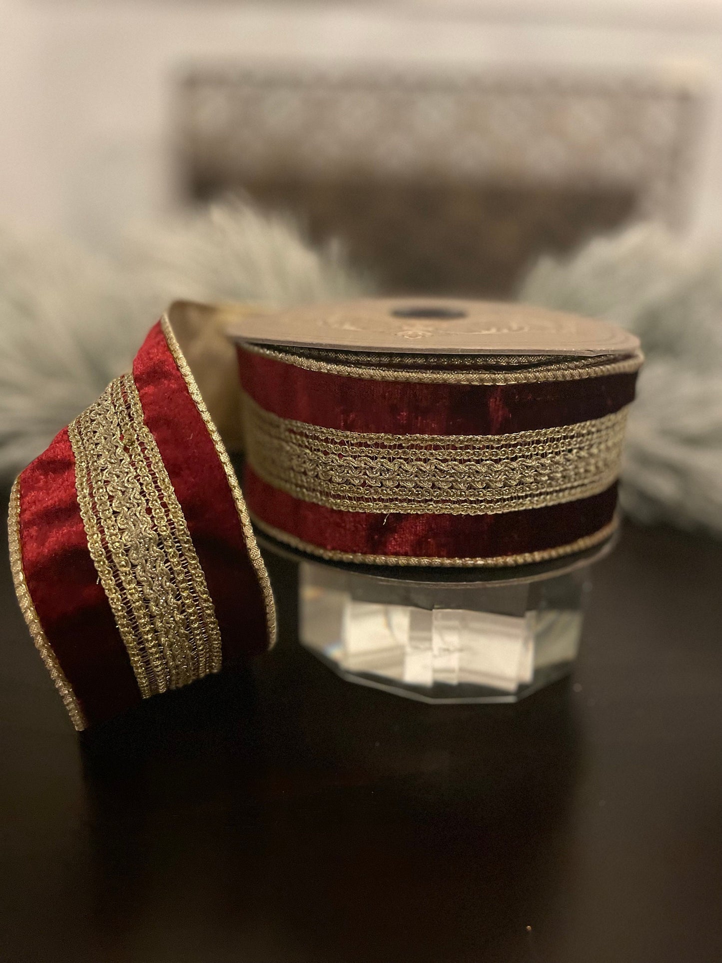 2.5” x 10 yds Designer ribbon velvet verona burgundy with gold trim . Wired. D. Stevens.