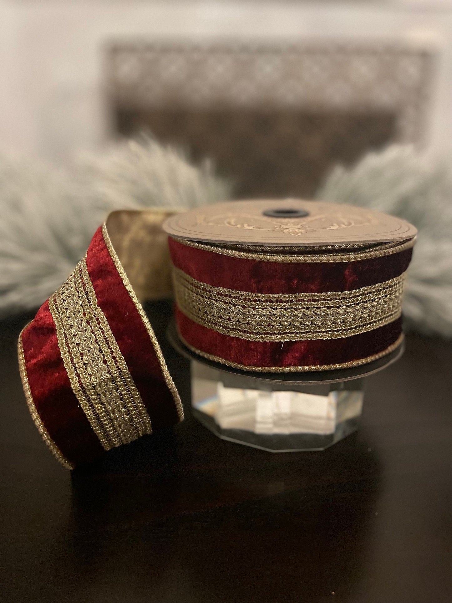 2.5” x 10 yds Designer ribbon velvet verona burgundy with gold trim . Wired. D. Stevens.