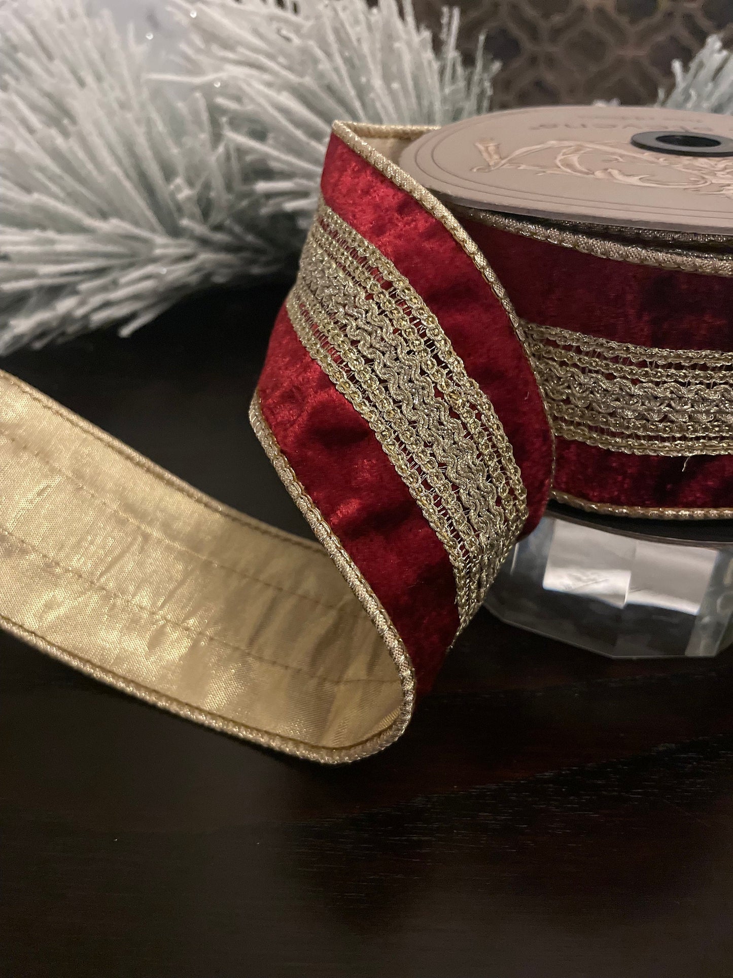 2.5” x 10 yds Designer ribbon velvet verona burgundy with gold trim . Wired. D. Stevens.