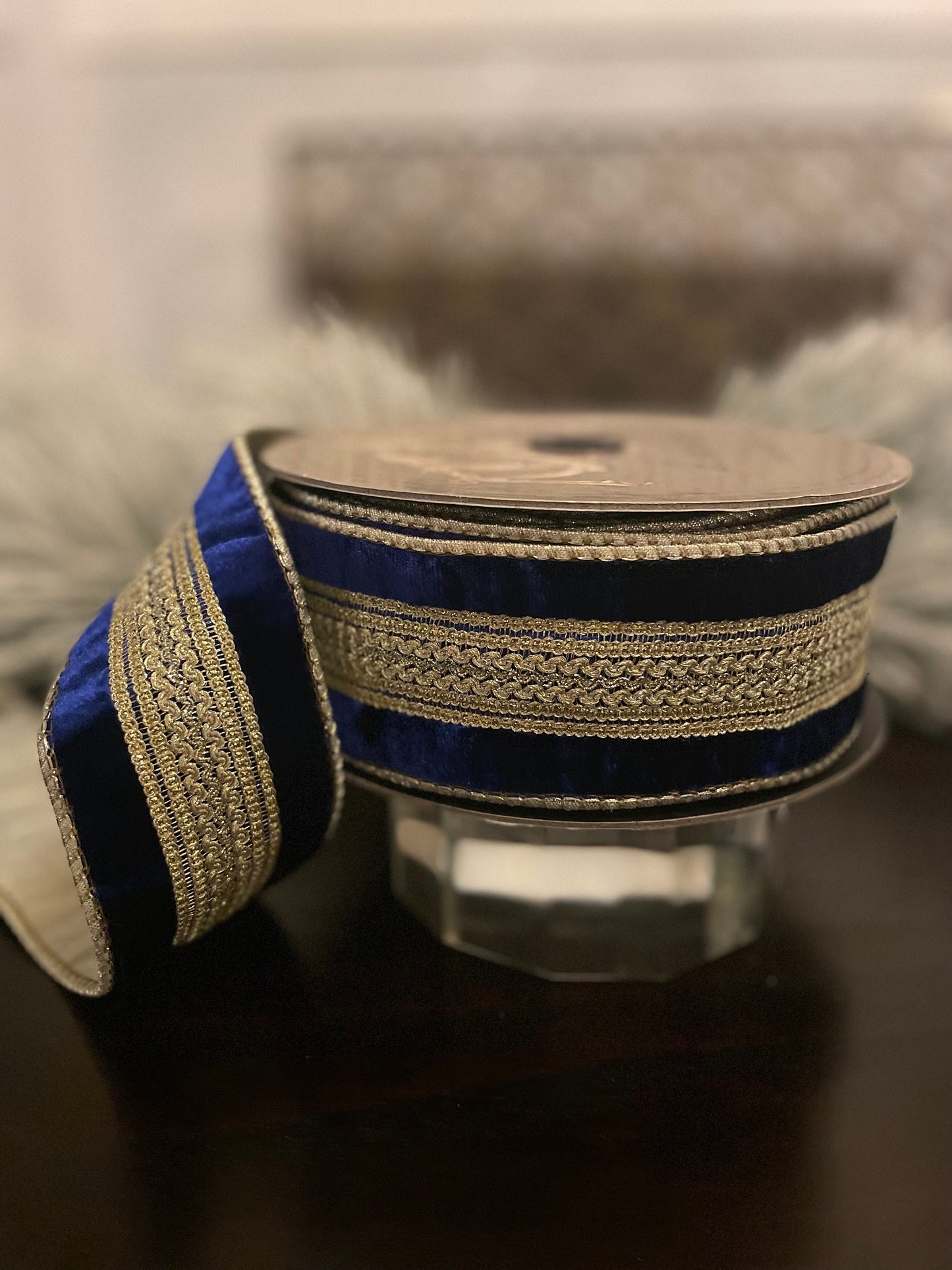 2.5” x 10 yds Designer ribbon velvet verona cobalt with gold trim . Wired. D. Stevens.