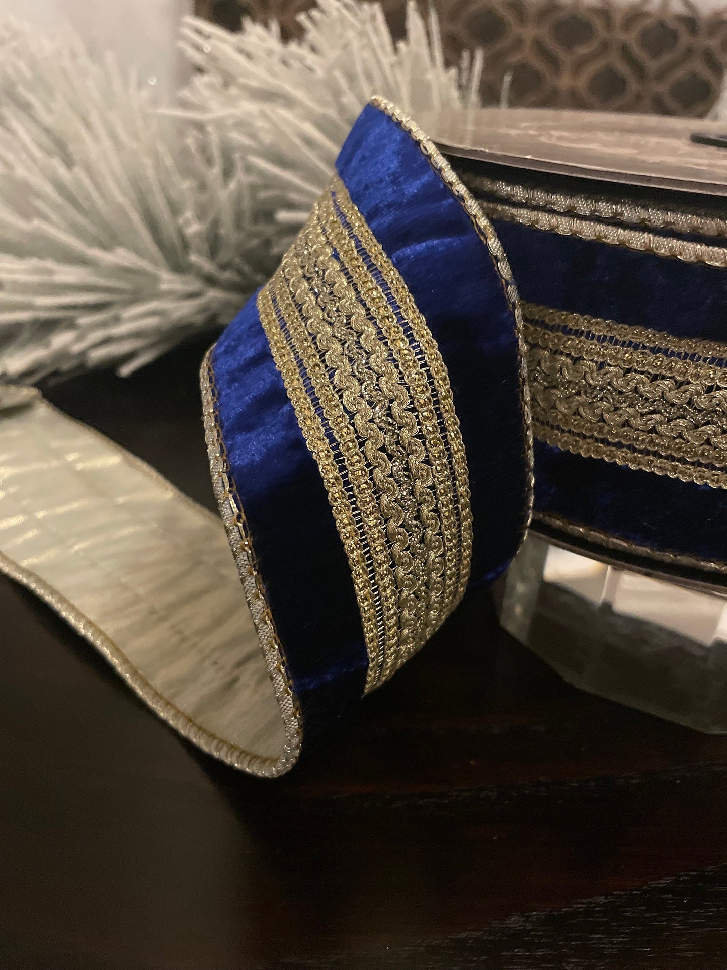 2.5” x 10 yds Designer ribbon velvet verona cobalt with gold trim . Wired. D. Stevens.