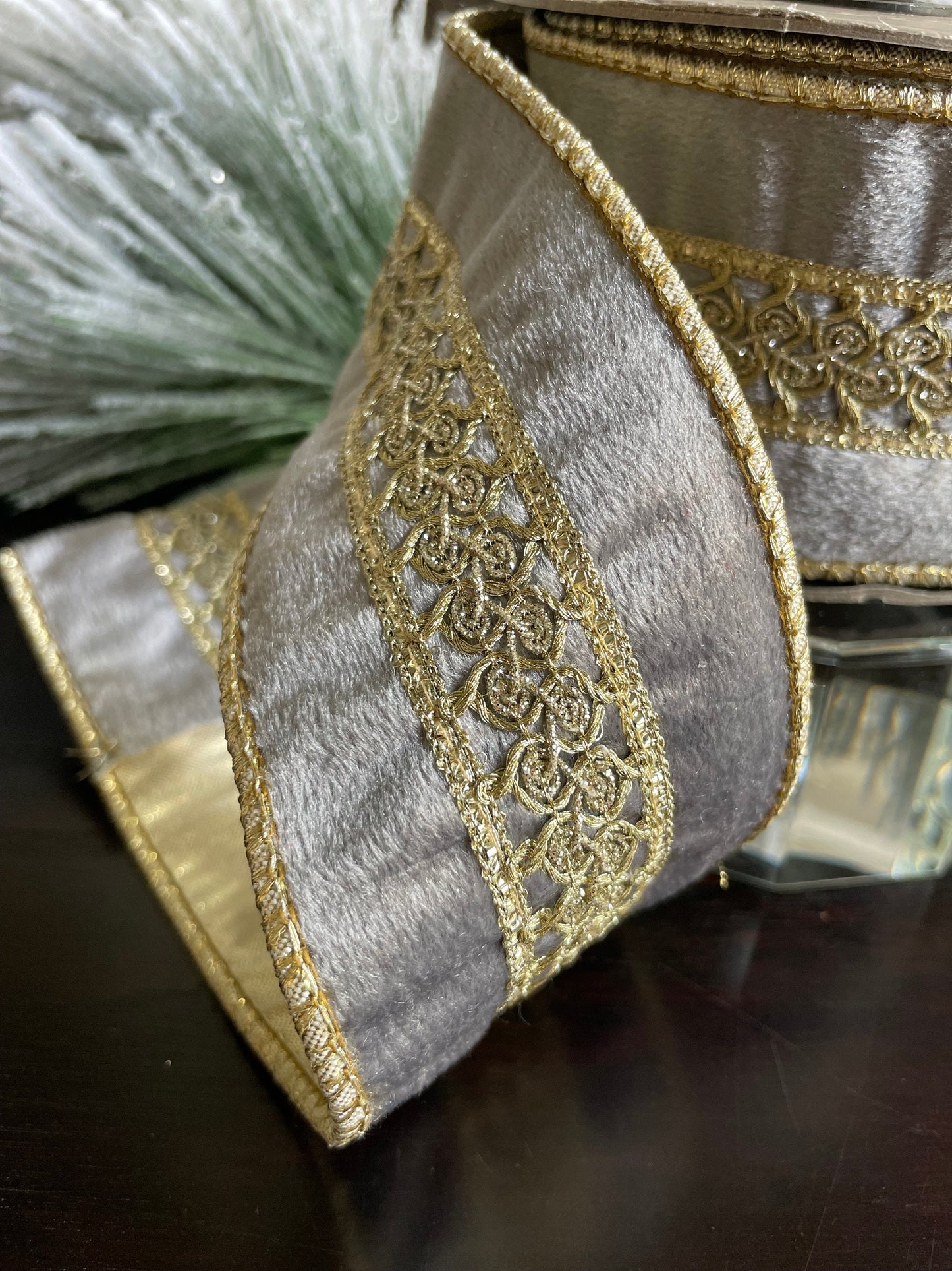 2.5” x 5 yds. Designer gray velvet ribbon with platinum center trim. Wired. D. Stevens. Gorgeous!*