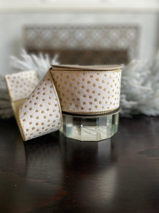 2.5” x 10 yds Designer white velvet polka dot gold glitter ribbon. Wired. D. Stevens. Gorgeous!*