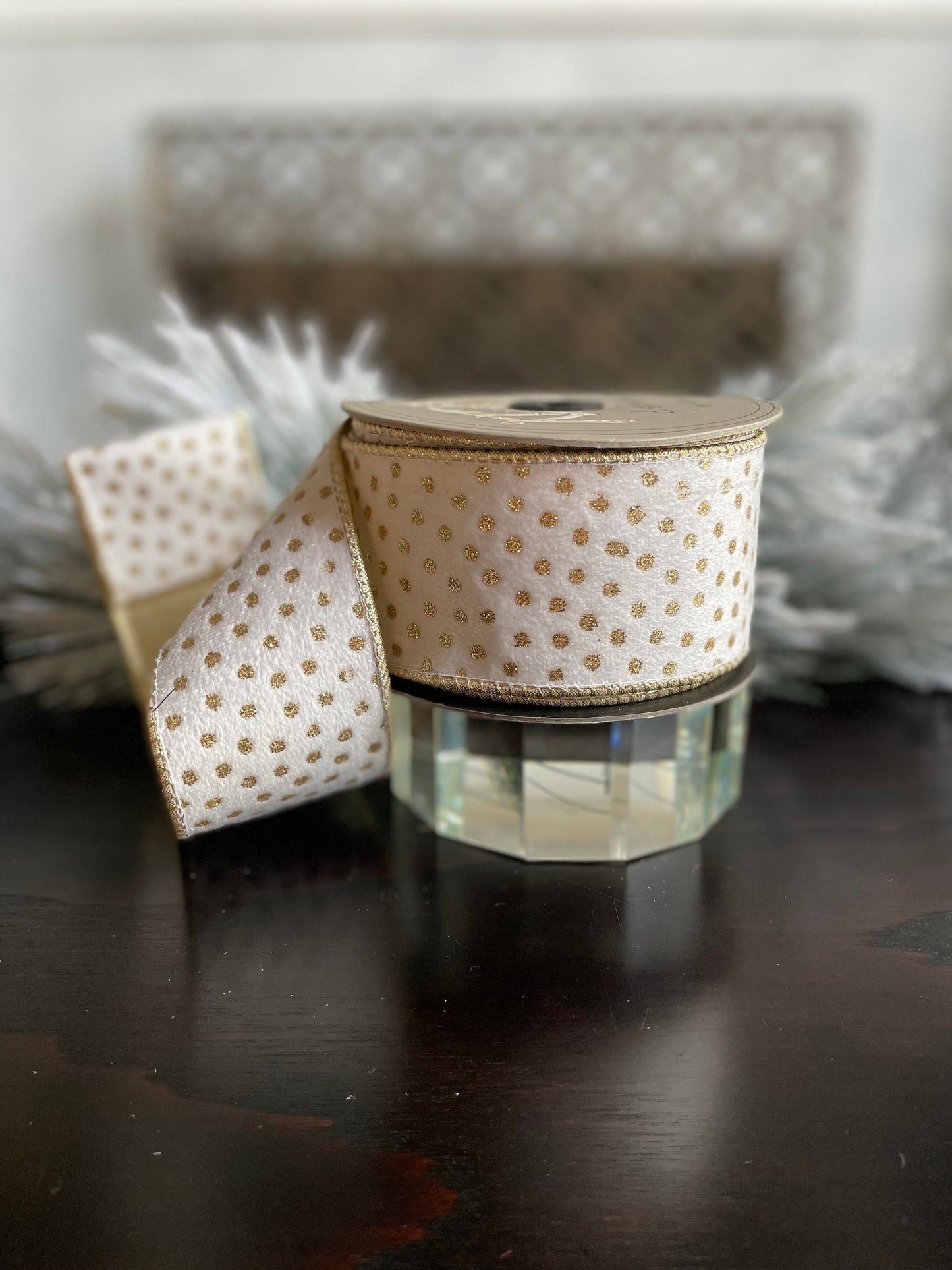 2.5” x 10 yds Designer white velvet polka dot gold glitter ribbon. Wired. D. Stevens. Gorgeous!*
