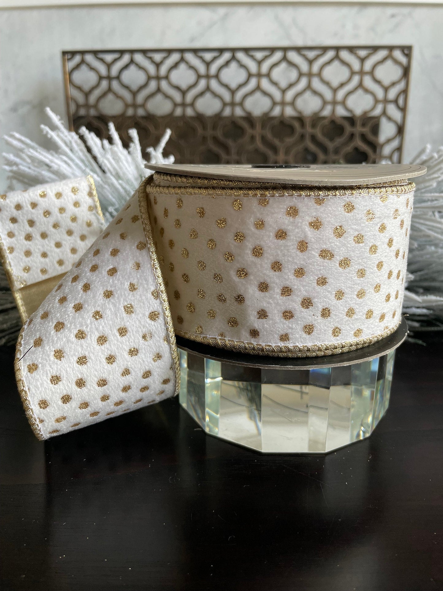 2.5” x 10 yds Designer white velvet polka dot gold glitter ribbon. Wired. D. Stevens. Gorgeous!*