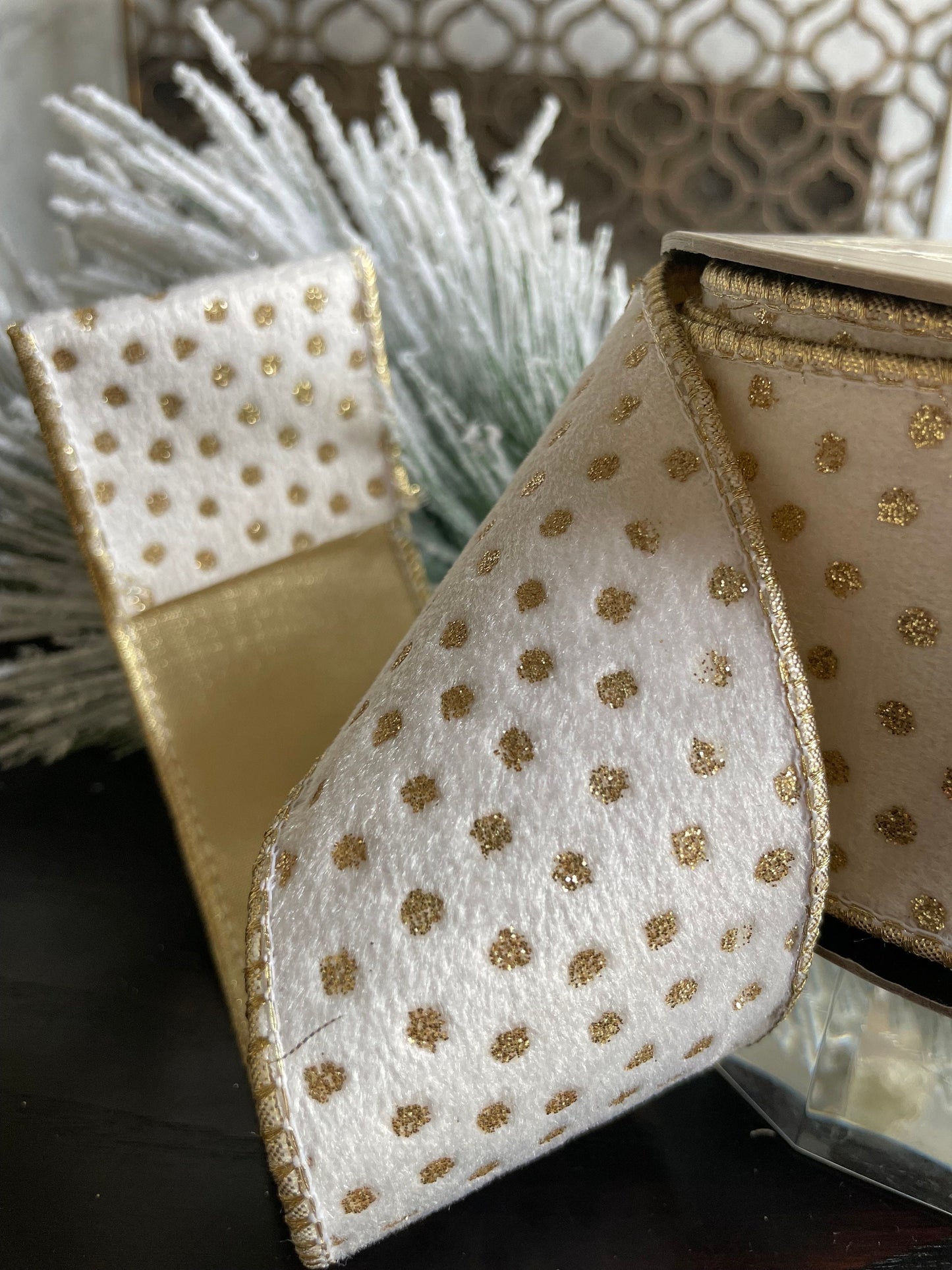 2.5” x 10 yds Designer white velvet polka dot gold glitter ribbon. Wired. D. Stevens. Gorgeous!*