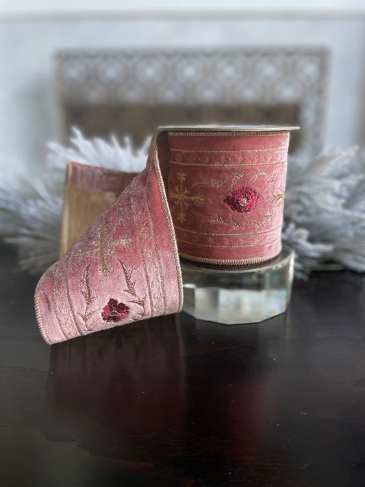 4” x 5 yds. Designer velvet pink Holy Chapel gold embroidery ribbon. Wired. D. Stevens.