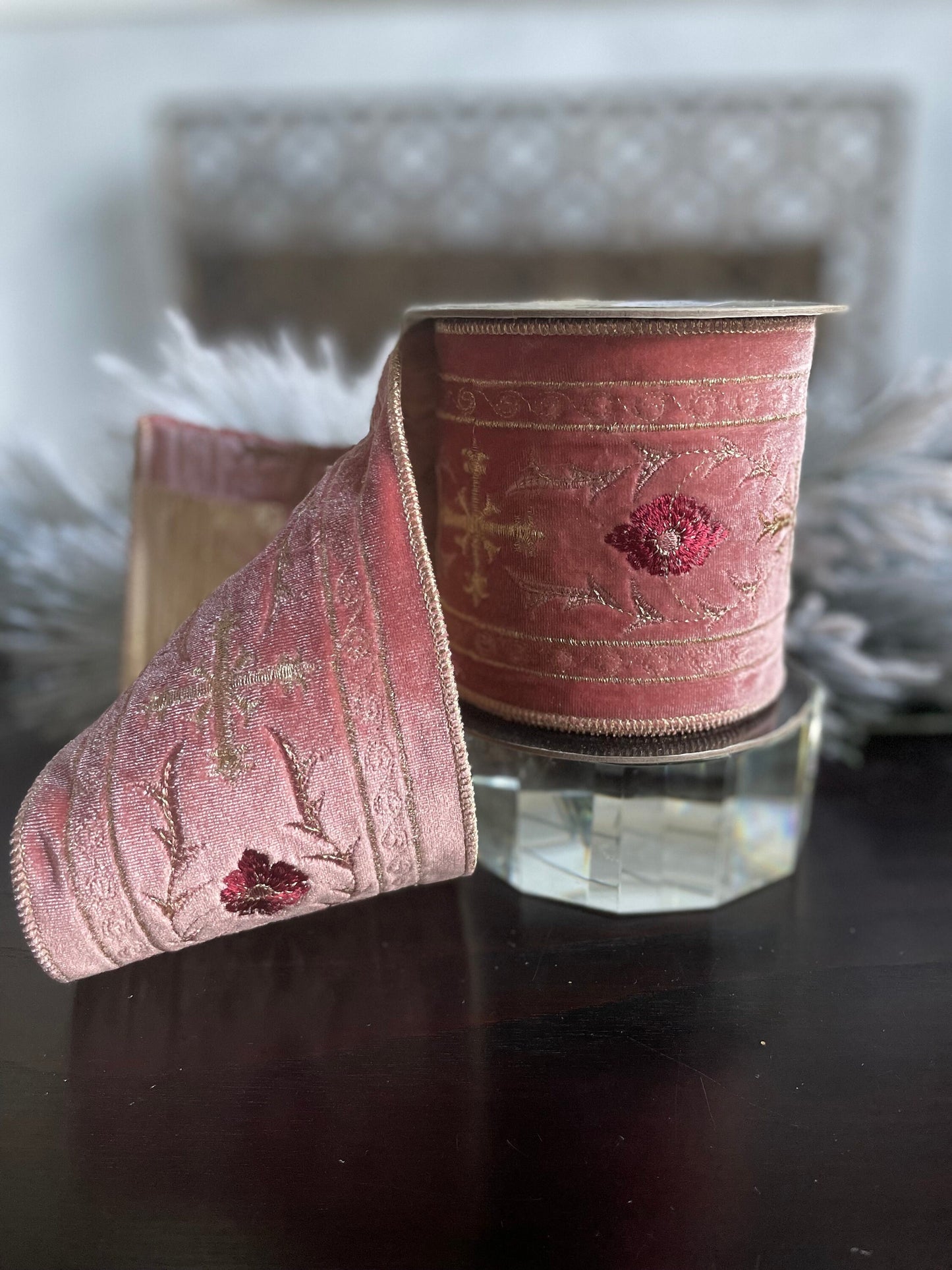4” x 5 yds. Designer velvet pink Holy Chapel gold embroidery ribbon. Wired. D. Stevens.
