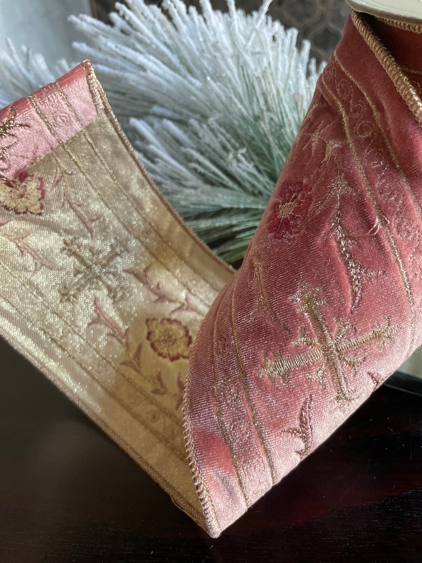 4” x 5 yds. Designer velvet pink Holy Chapel gold embroidery ribbon. Wired. D. Stevens.