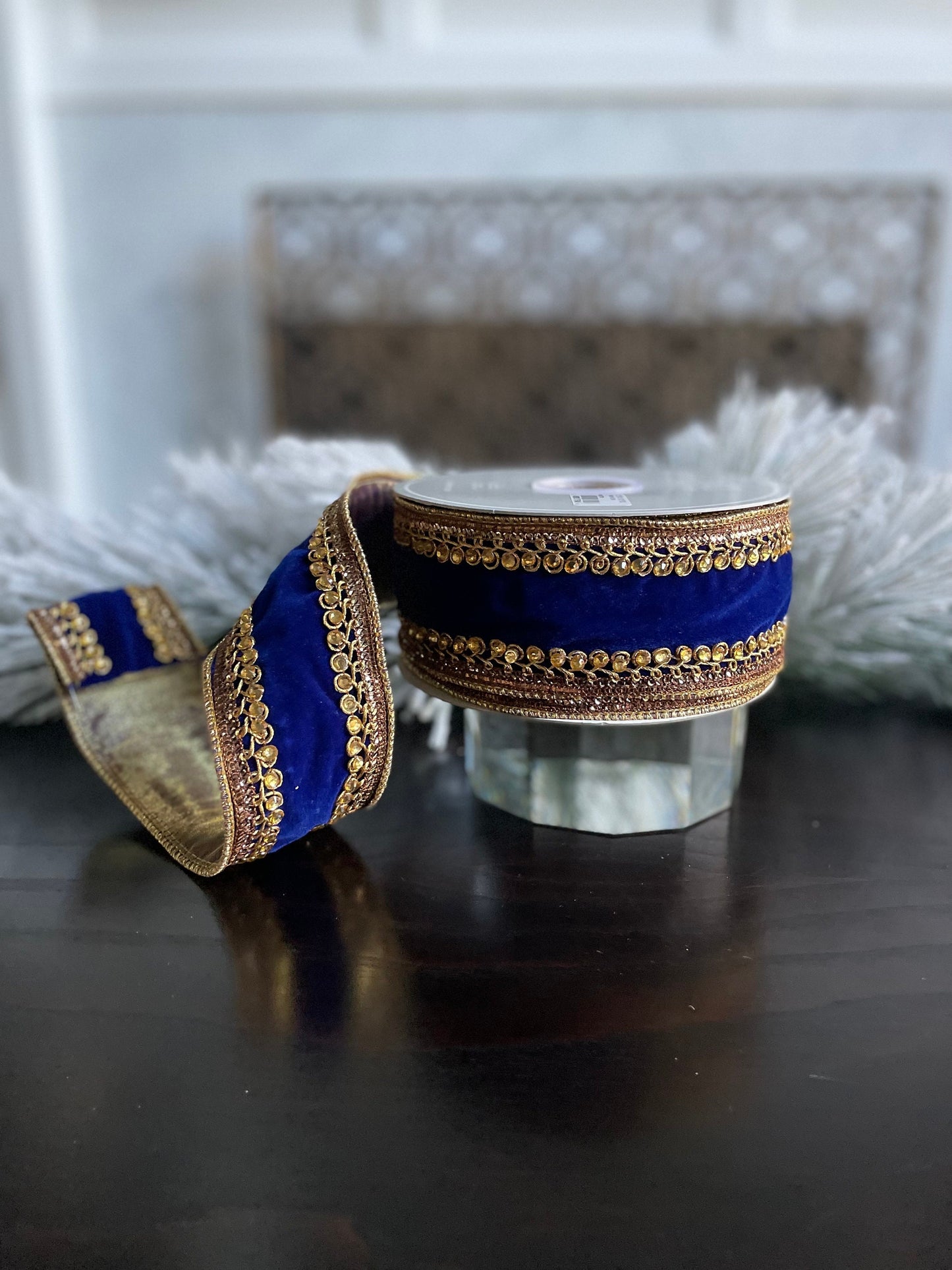2.5” x 10 yds. Jeweled velvet wired ribbon. Royal blue. Raz.