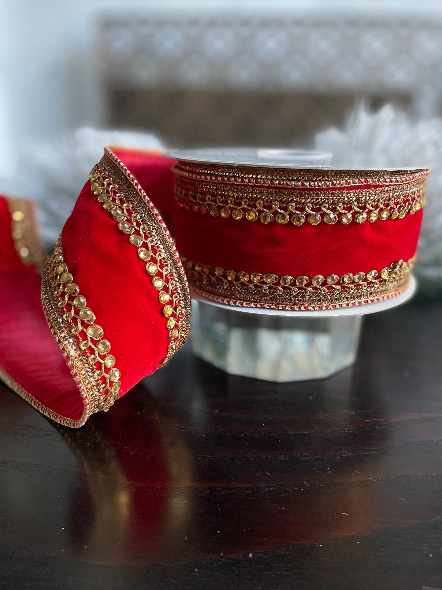 2.5” x 10 yds. Jeweled velvet wired ribbon. Red. Raz.