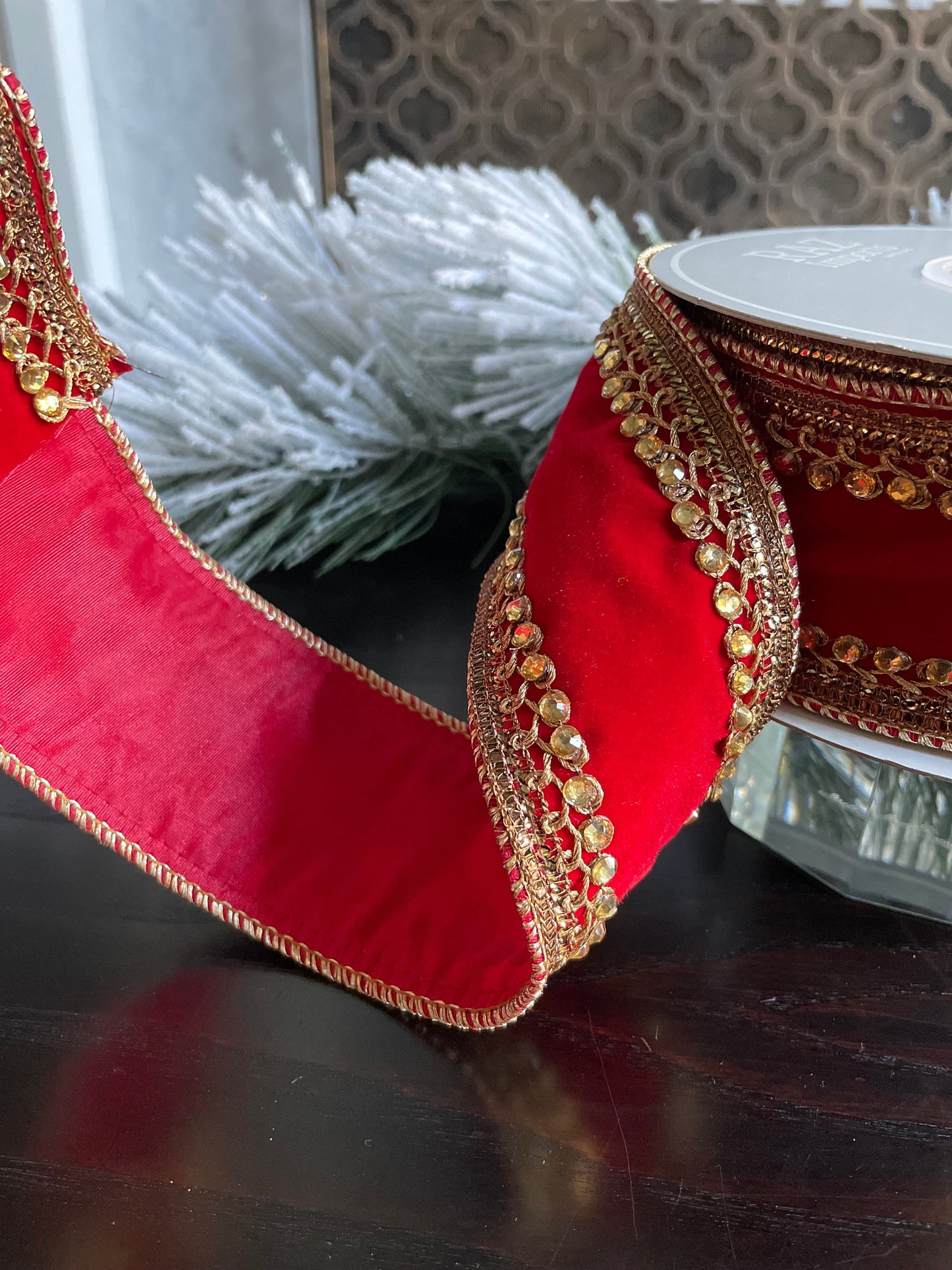 2.5” x 10 yds. Jeweled velvet wired ribbon. Red. Raz.