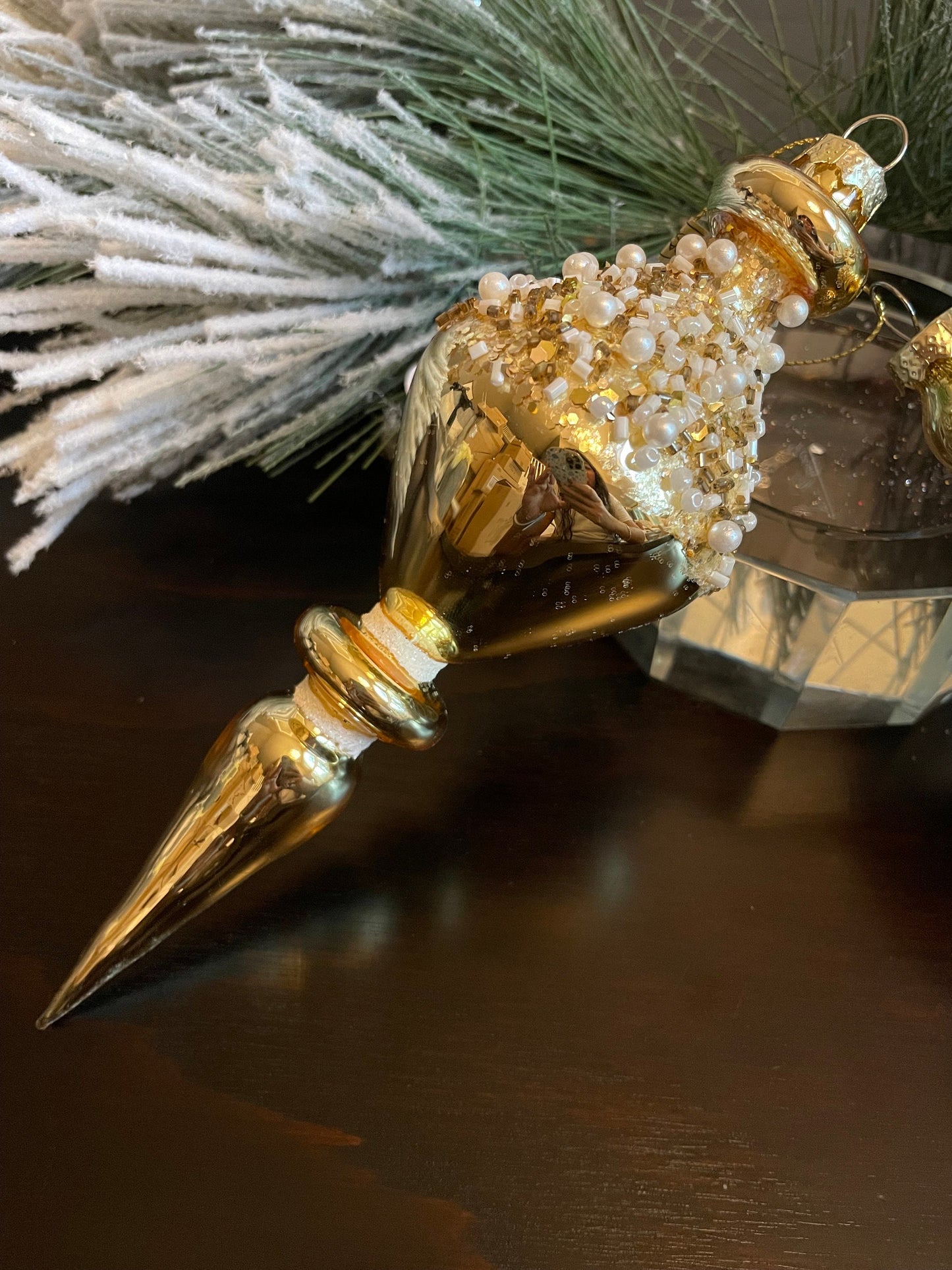 Set of 2. 9” Pearl beaded finial glass ornament. Glass. Gold.