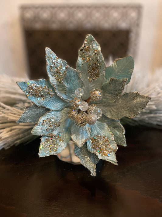 18" Poinsettia jewel stem. Soft blue platinum.