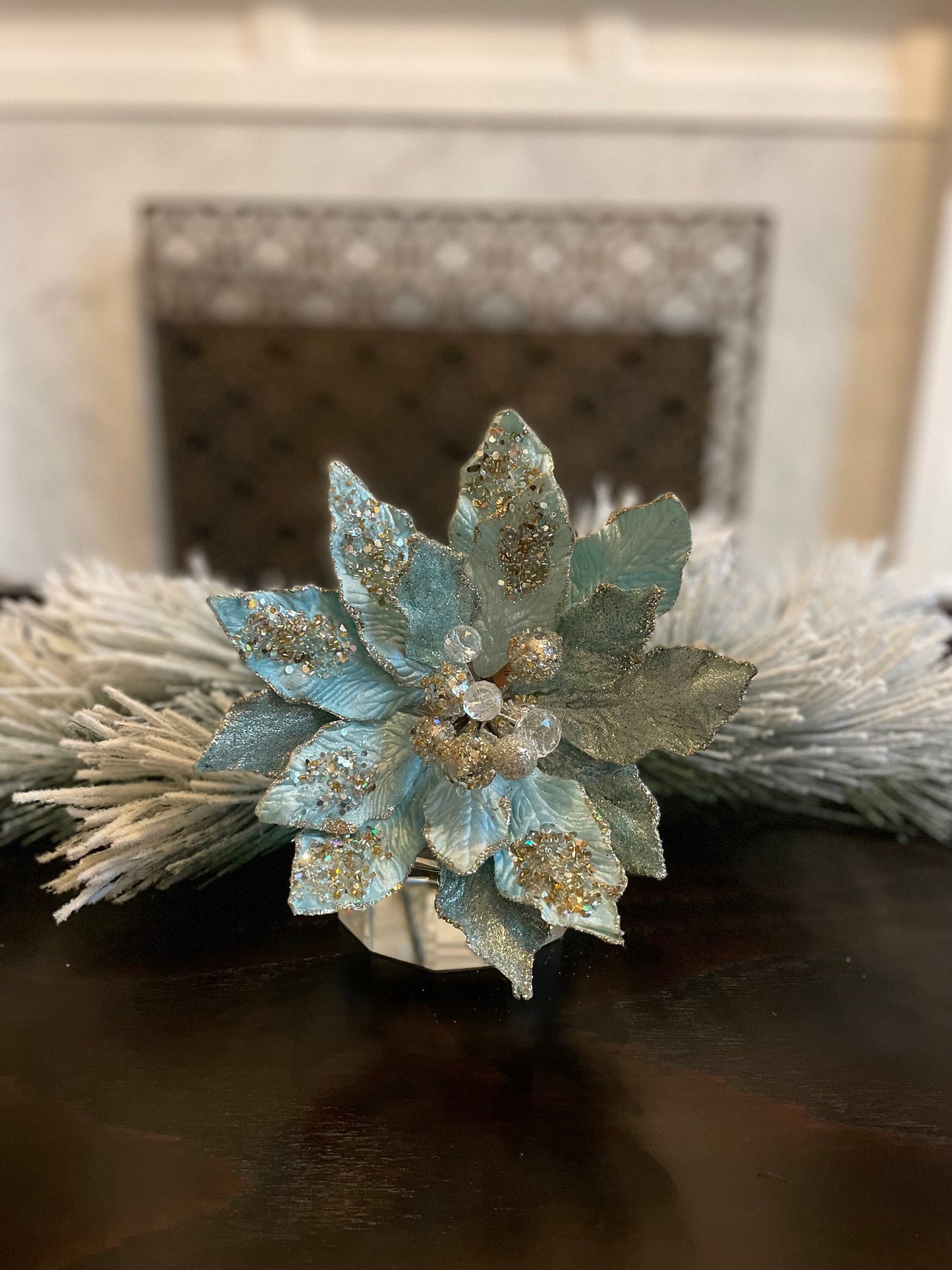 18" Poinsettia jewel stem. Soft blue platinum.