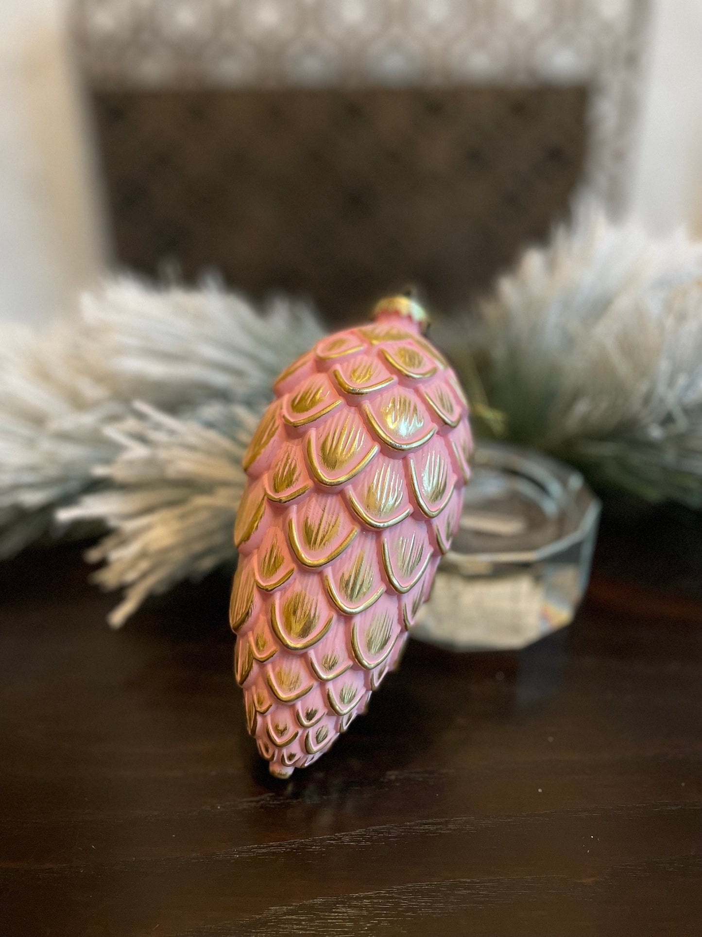 8” Pinecone ornament. Pink and gold. Shatterproof.