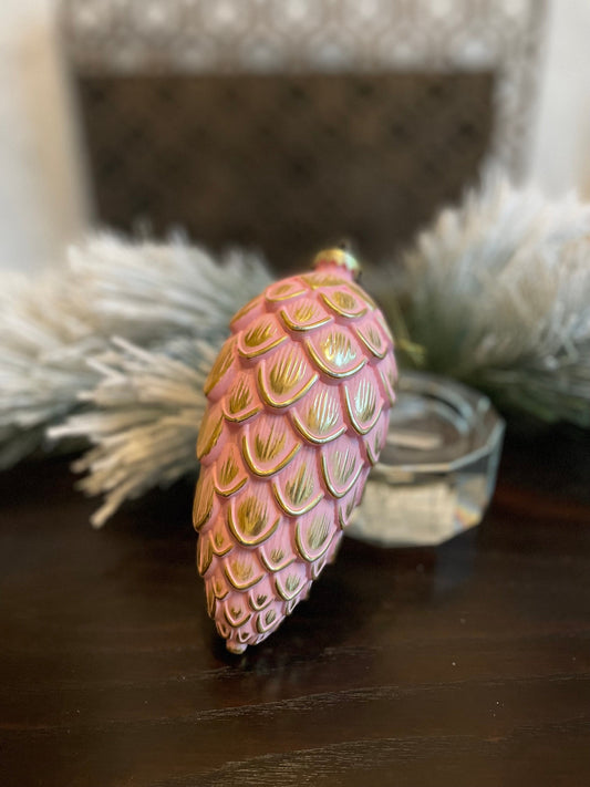 8” Pinecone ornament. Pink and gold. Shatterproof.