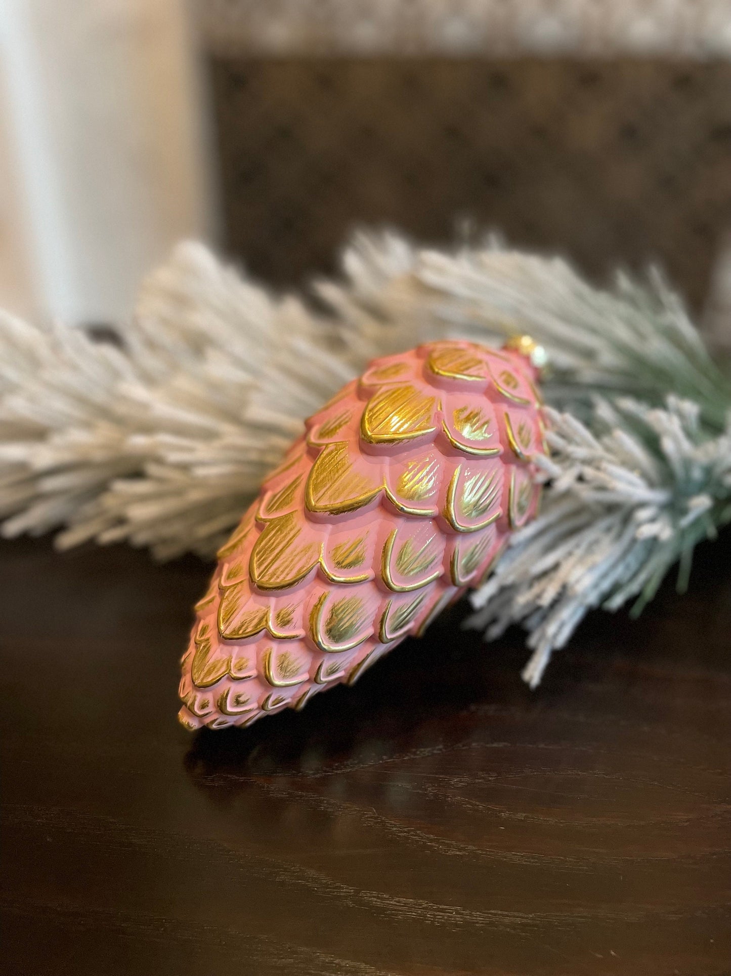 8” Pinecone ornament. Pink and gold. Shatterproof.