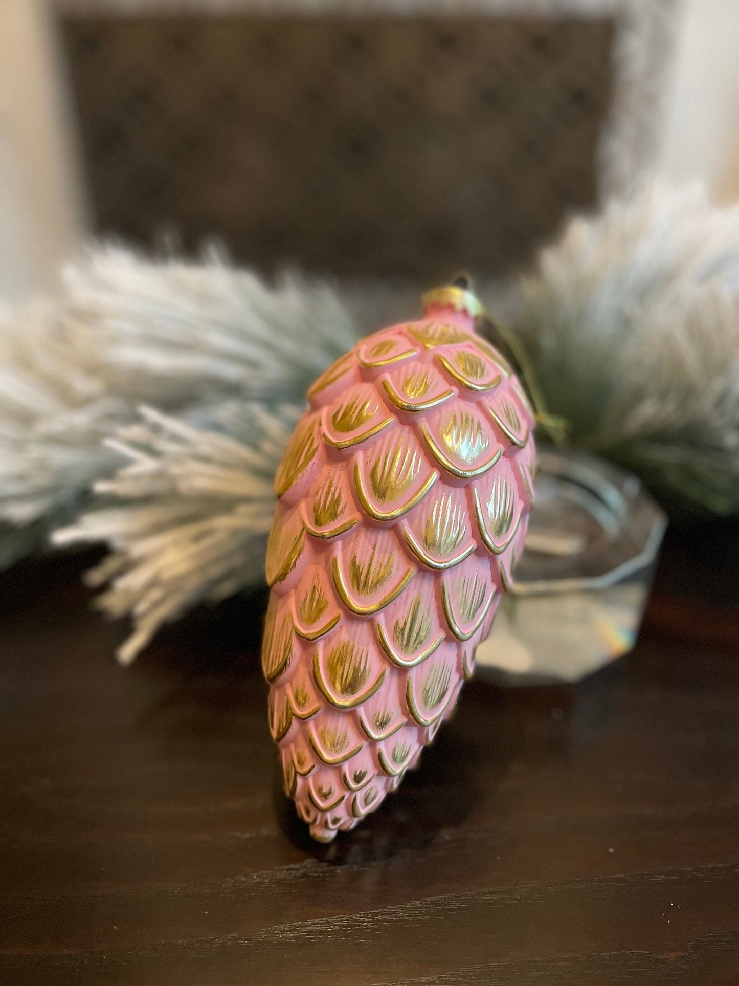 8” Pinecone ornament. Pink and gold. Shatterproof.