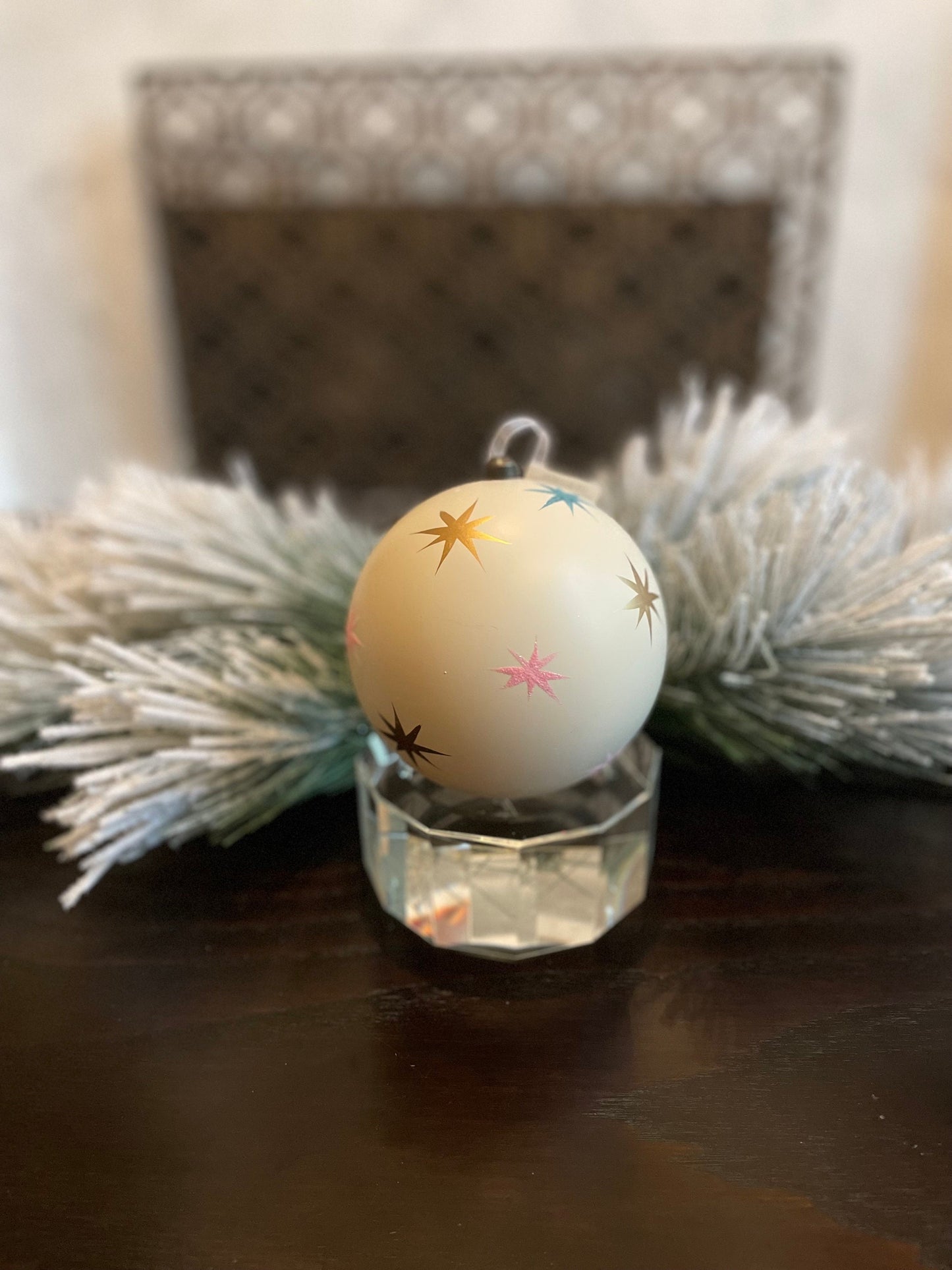 120 mm Star ball ornament. White, pink, blue and gold. shatterproof