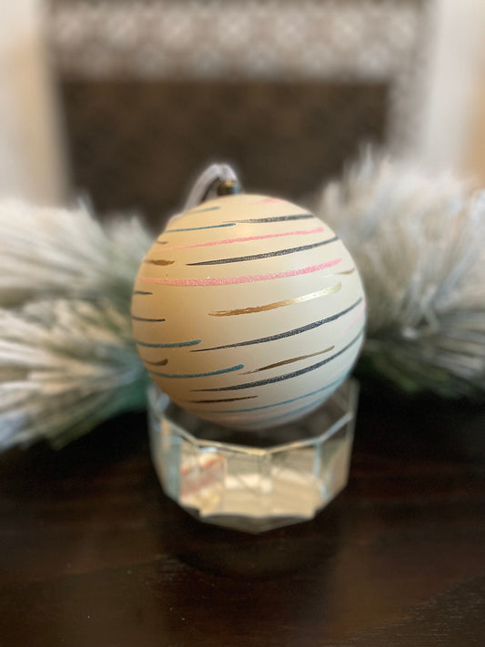 120 mm Stripes ball ornament. White, pink, blue and gold. shatterproof