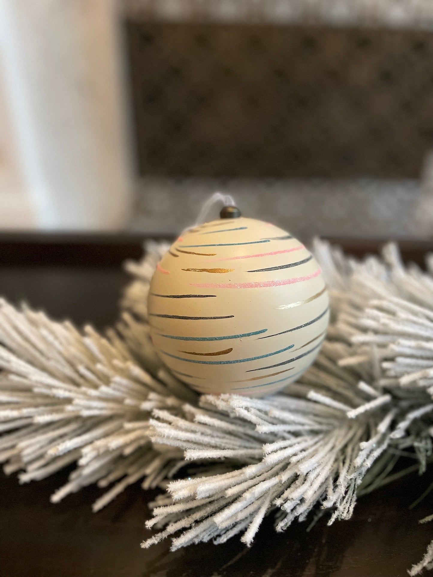 120 mm Stripes ball ornament. White, pink, blue and gold. shatterproof