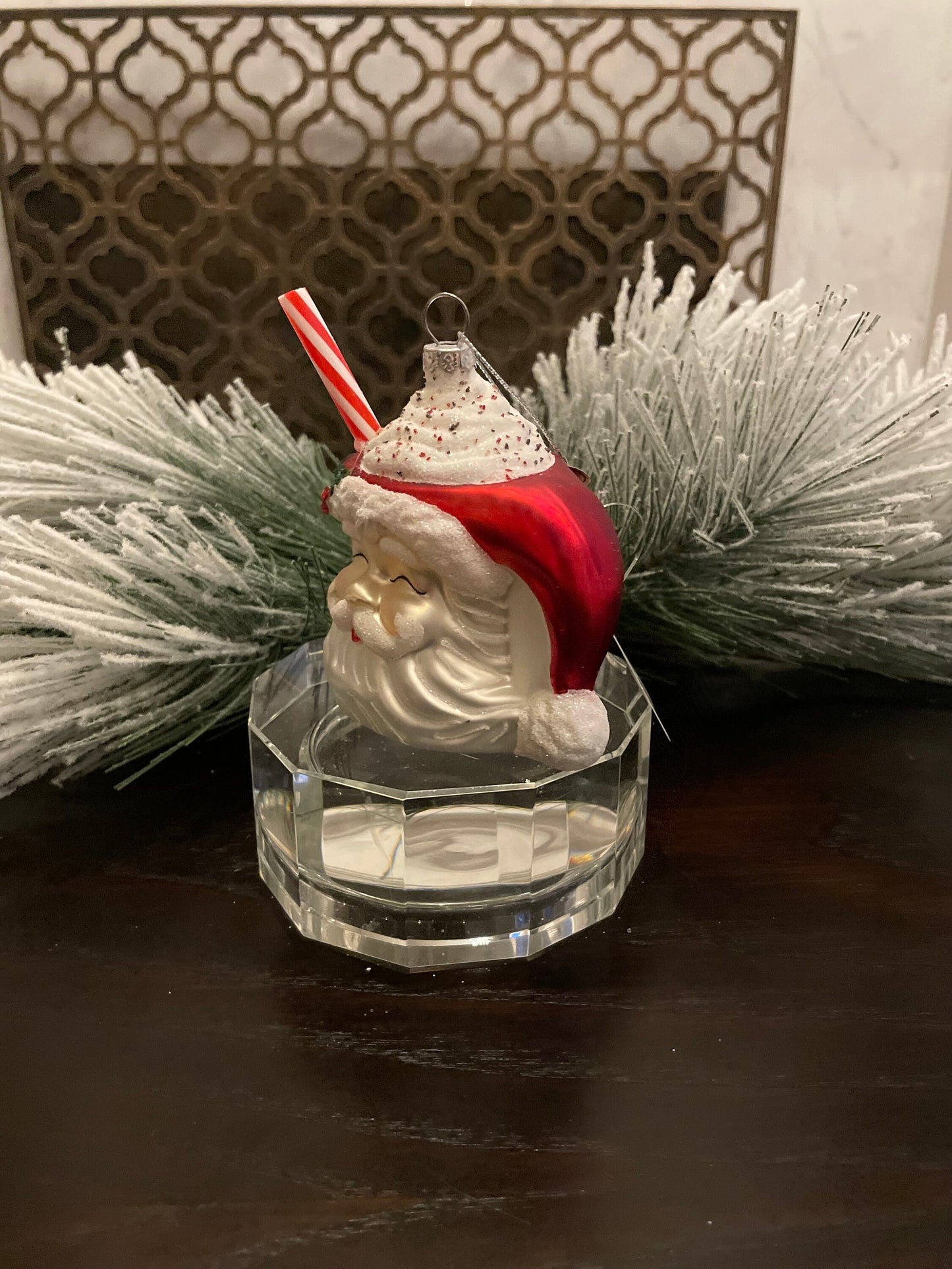 4" Santa mug with whipped cream ornament. Glass.